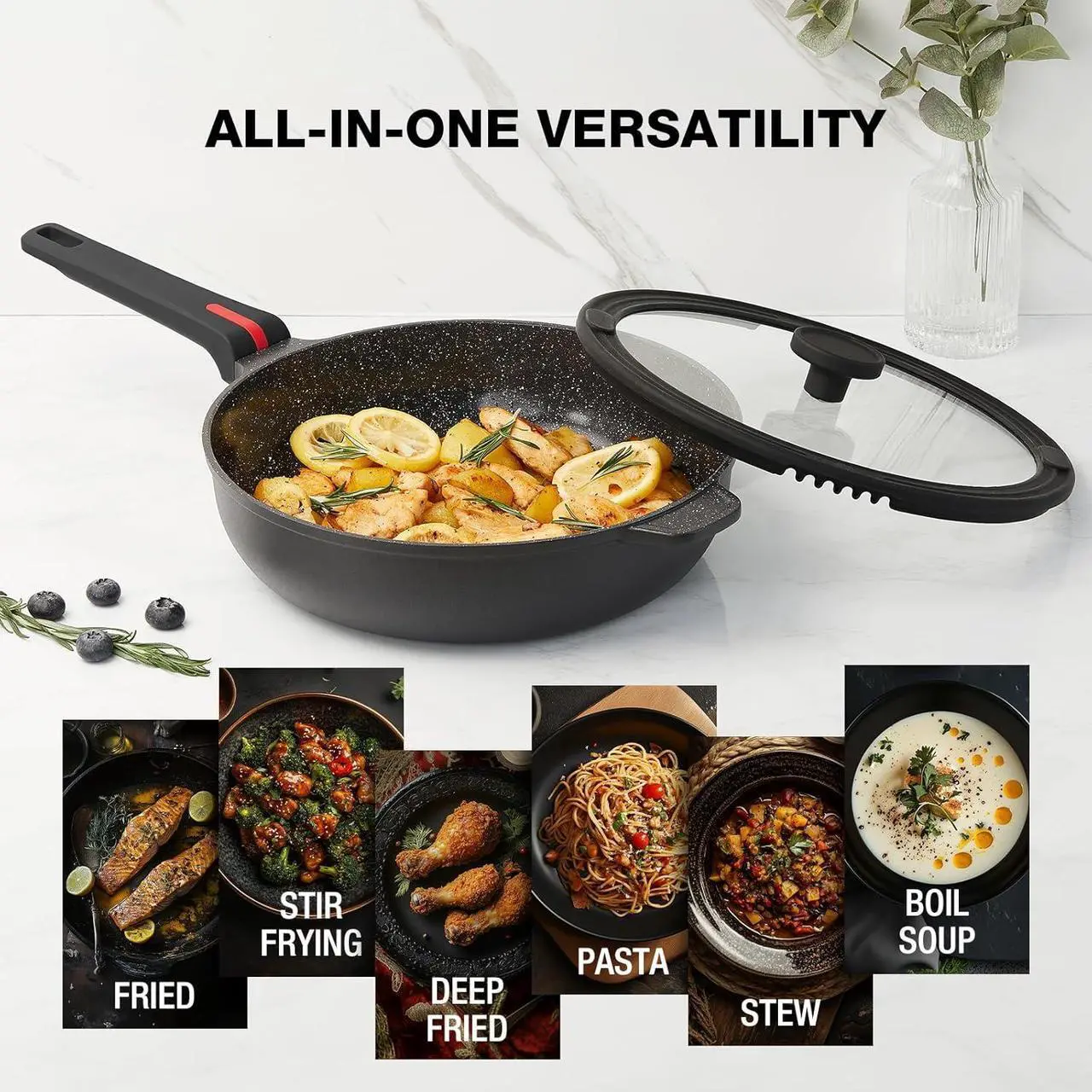 Alt view image 3 of 7 - Ceramic Nonstick Sauté Pan with Lid, 11 Inch/4.5 Quart Deep Frying Pan Skillet, Non Stick Induction Cookware, Dishwasher Safe, PTFE PFOA FREE, Black