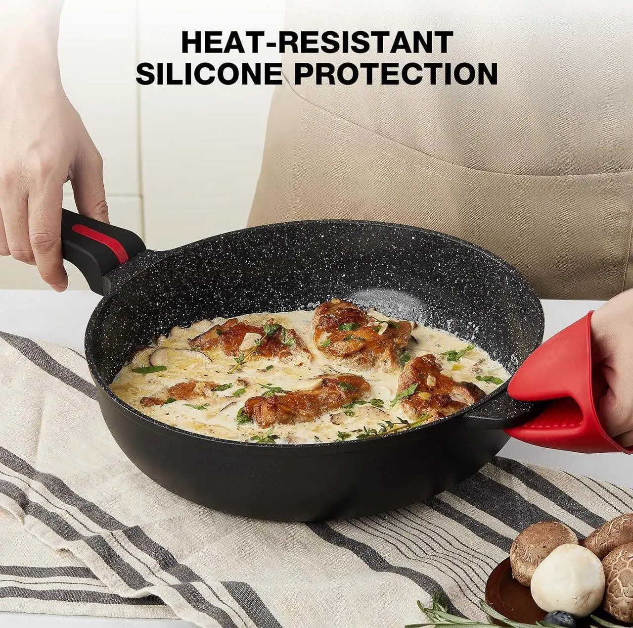 Alt view image 4 of 7 - Ceramic Nonstick Sauté Pan with Lid, 11 Inch/4.5 Quart Deep Frying Pan Skillet, Non Stick Induction Cookware, Dishwasher Safe, PTFE PFOA FREE, Black