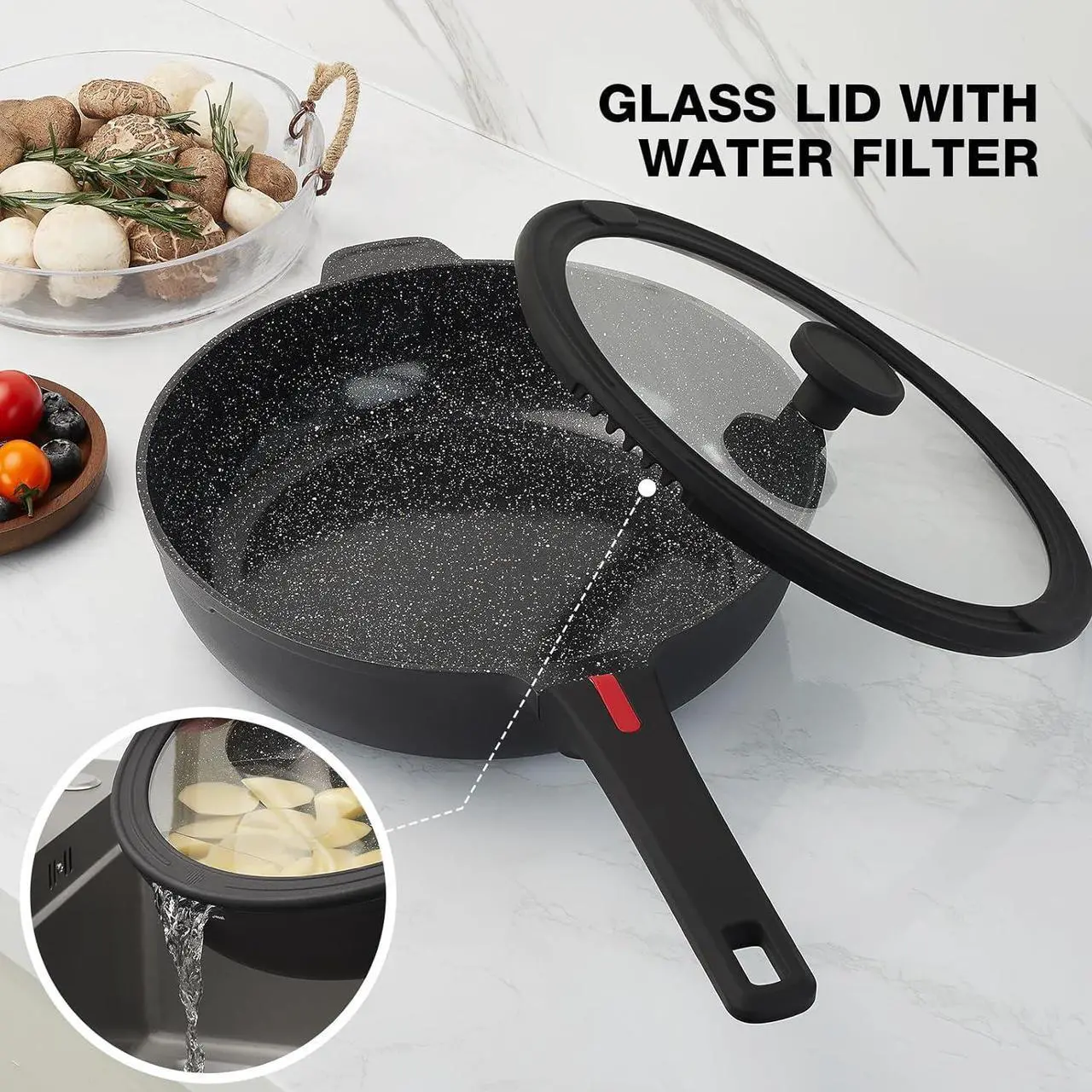Alt view image 5 of 7 - Ceramic Nonstick Sauté Pan with Lid, 11 Inch/4.5 Quart Deep Frying Pan Skillet, Non Stick Induction Cookware, Dishwasher Safe, PTFE PFOA FREE, Black