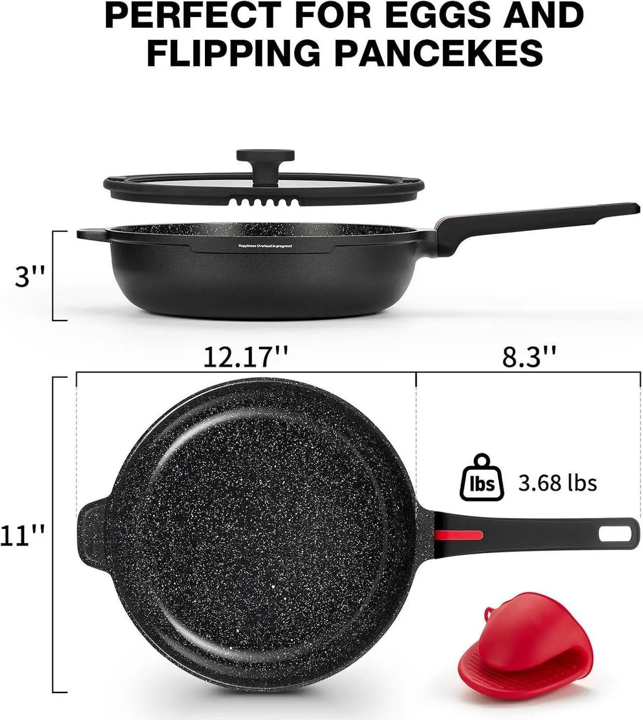 Alt view image 7 of 7 - Ceramic Nonstick Sauté Pan with Lid, 11 Inch/4.5 Quart Deep Frying Pan Skillet, Non Stick Induction Cookware, Dishwasher Safe, PTFE PFOA FREE, Black
