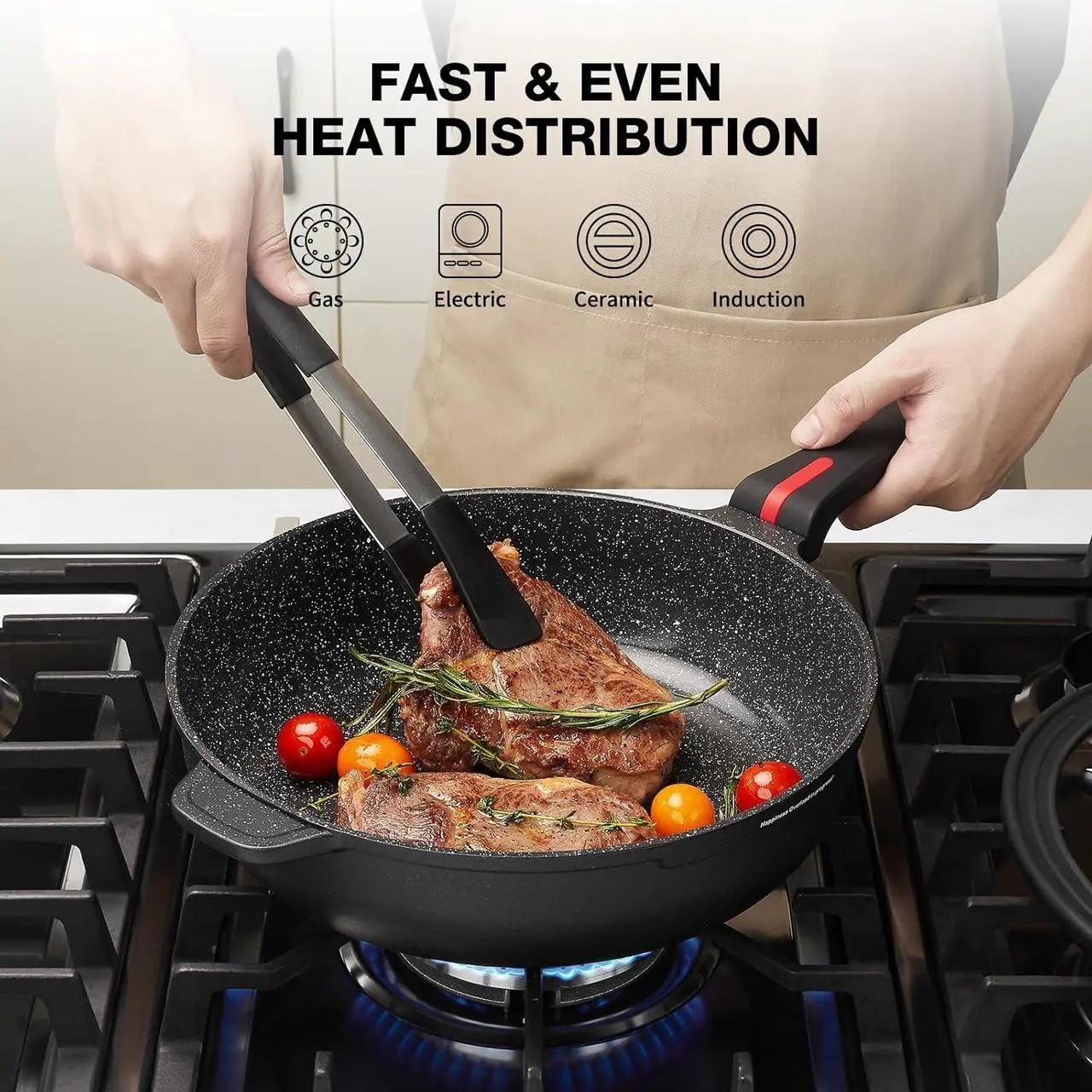 Alt view image 6 of 7 - Ceramic Nonstick Sauté Pan with Lid, 11 Inch/4.5 Quart Deep Frying Pan Skillet, Non Stick Induction Cookware, Dishwasher Safe, PTFE PFOA FREE, Black