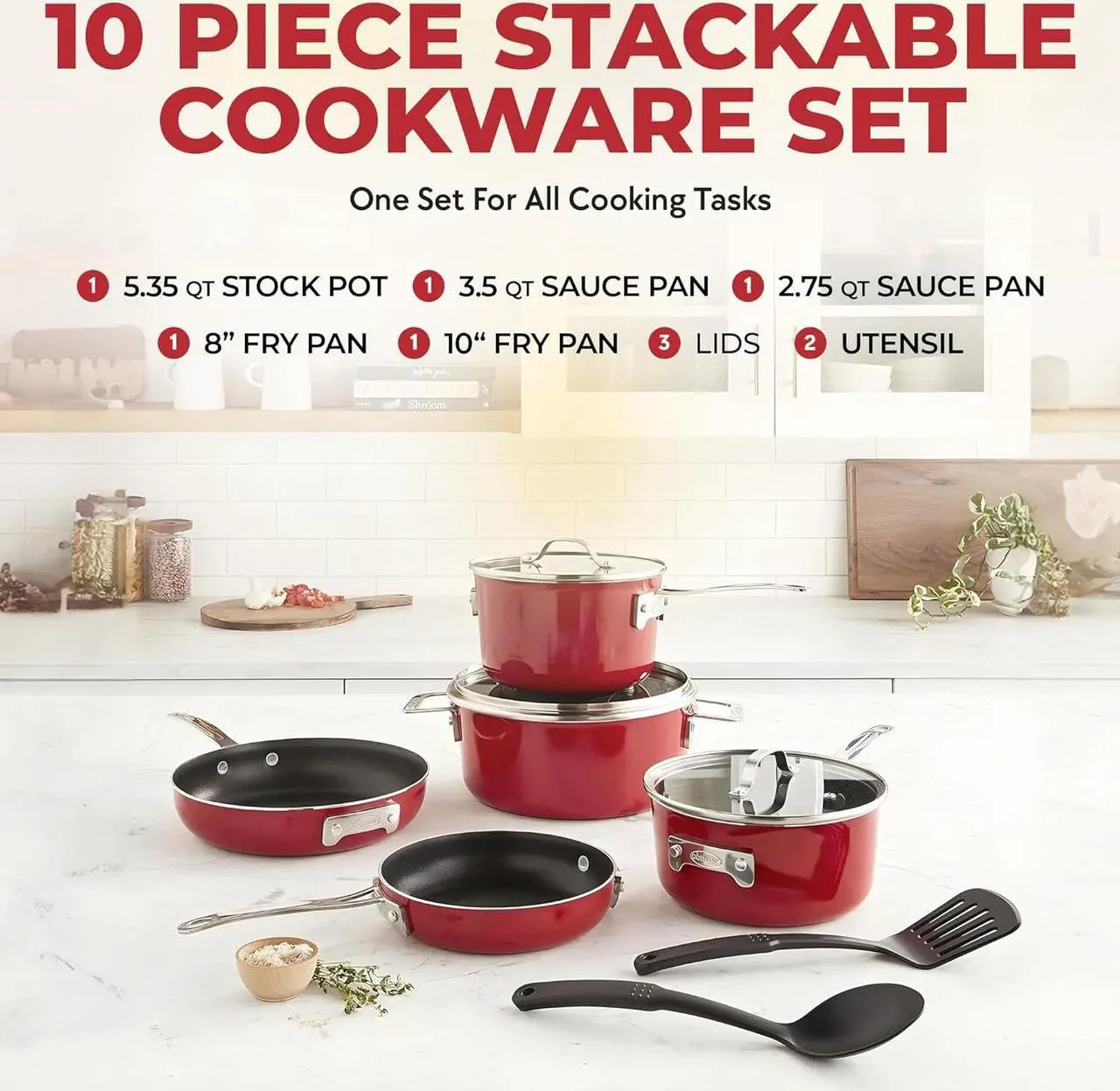 Alt view image 2 of 7 - Gotham Steel STACKMASTER Pots Stackable 10 Piece Cookware Set Ultra Nonstick Cast Texture Coating Includes Fry Pans, Red