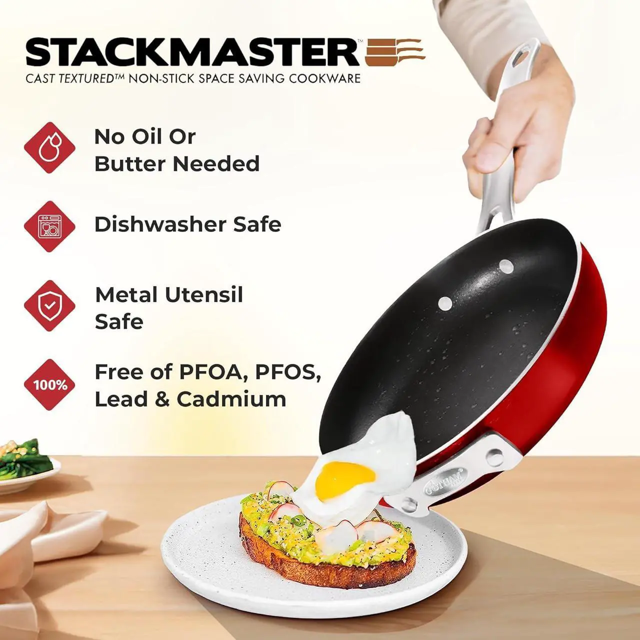 Alt view image 3 of 7 - Gotham Steel STACKMASTER Pots Stackable 10 Piece Cookware Set Ultra Nonstick Cast Texture Coating Includes Fry Pans, Red