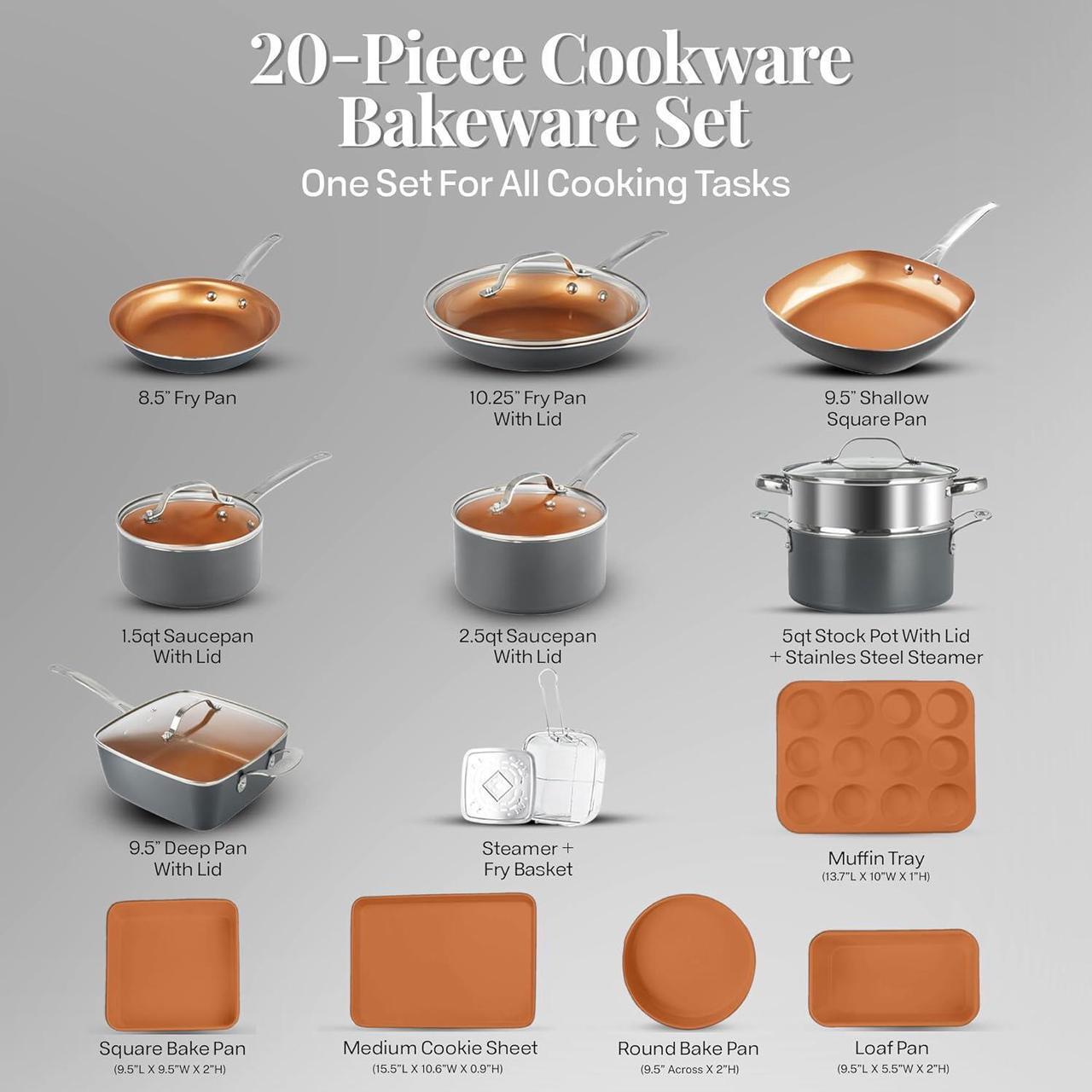 Alt view image 2 of 7 - Gotham Steel 20 Pc Pots and Pans Set, Bakeware Set, Ceramic Cookware Set for Kitchen, Long Lasting Non Stick Pots and Pans Set with Lids Dishwasher / Oven Safe, Non Toxic-Copper