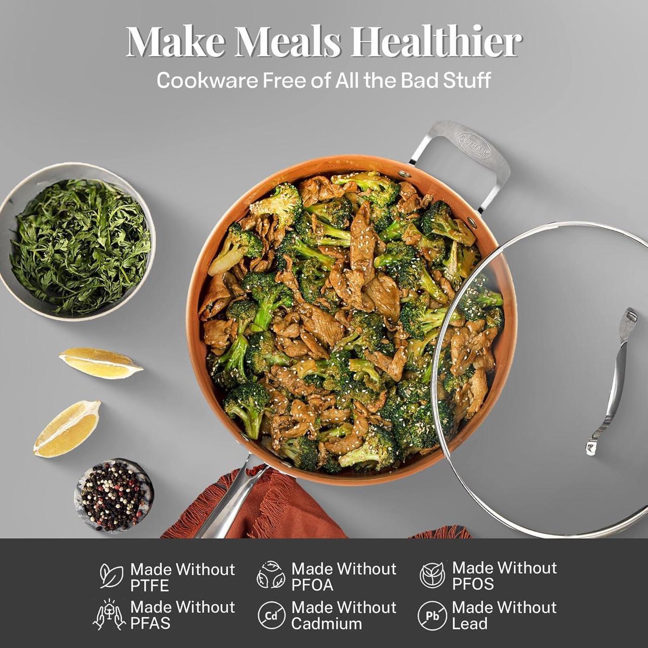 Alt view image 3 of 7 - Gotham Steel 20 Pc Pots and Pans Set, Bakeware Set, Ceramic Cookware Set for Kitchen, Long Lasting Non Stick Pots and Pans Set with Lids Dishwasher / Oven Safe, Non Toxic-Copper