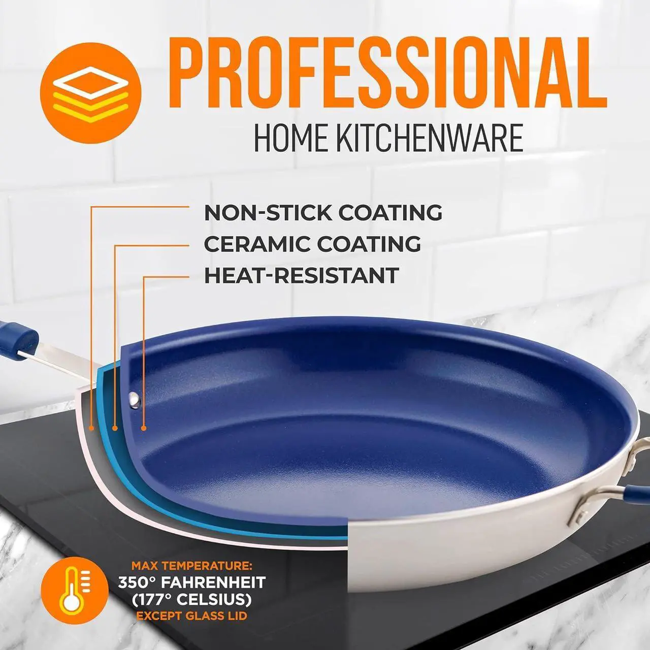 Alt view image 3 of 7 - NutriChef 14" Extra Large Fry Pan - Skillet Nonstick Frying Pan with Silicone Handle, Ceramic Coating, Blue Silicone Handle, Stain-Resistant And Easy To Clean, Professional Home Cookware