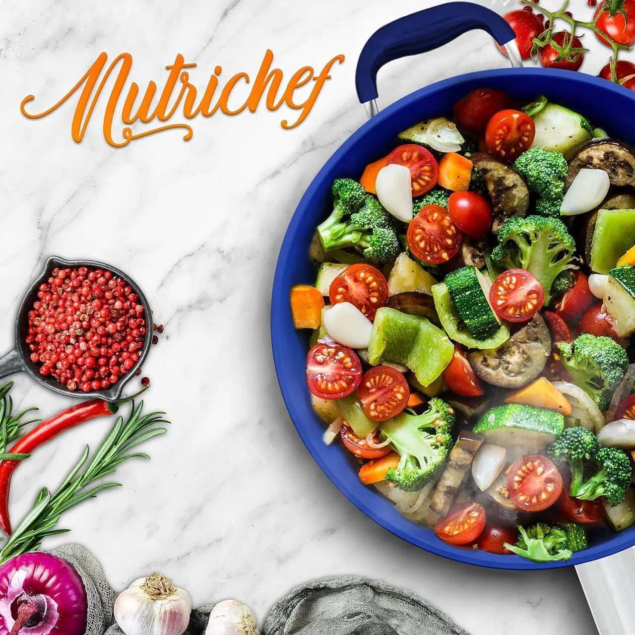 Alt view image 7 of 7 - NutriChef 14" Extra Large Fry Pan - Skillet Nonstick Frying Pan with Silicone Handle, Ceramic Coating, Blue Silicone Handle, Stain-Resistant And Easy To Clean, Professional Home Cookware