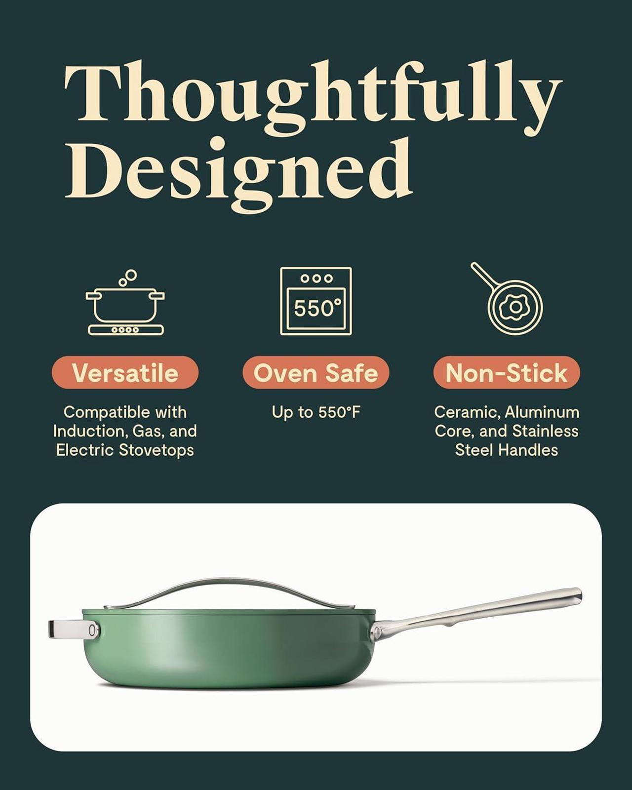 Alt view image 3 of 7 - Caraway Nonstick Ceramic Sauté Pan with Lid (4.5 qt, 11.8") - Non Toxic, PTFE & PFOA Free - Oven Safe & Compatible with All Stovetops (Gas, Electric & Induction) - Sage