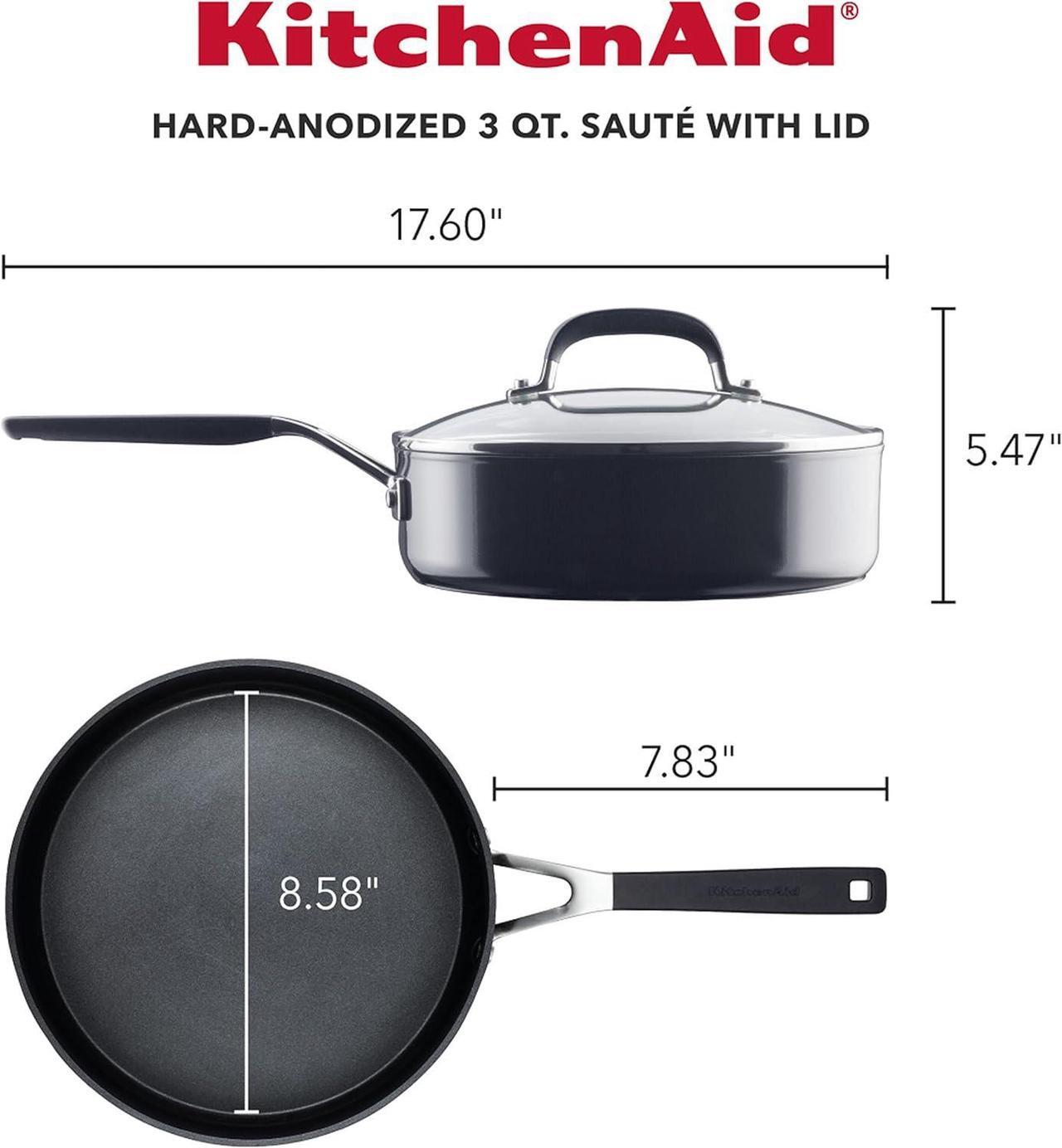 Alt view image 2 of 7 - KitchenAid Hard Anodized Nonstick Saute/Fry Pan with Lid, 3 Quart, Onyx Black
