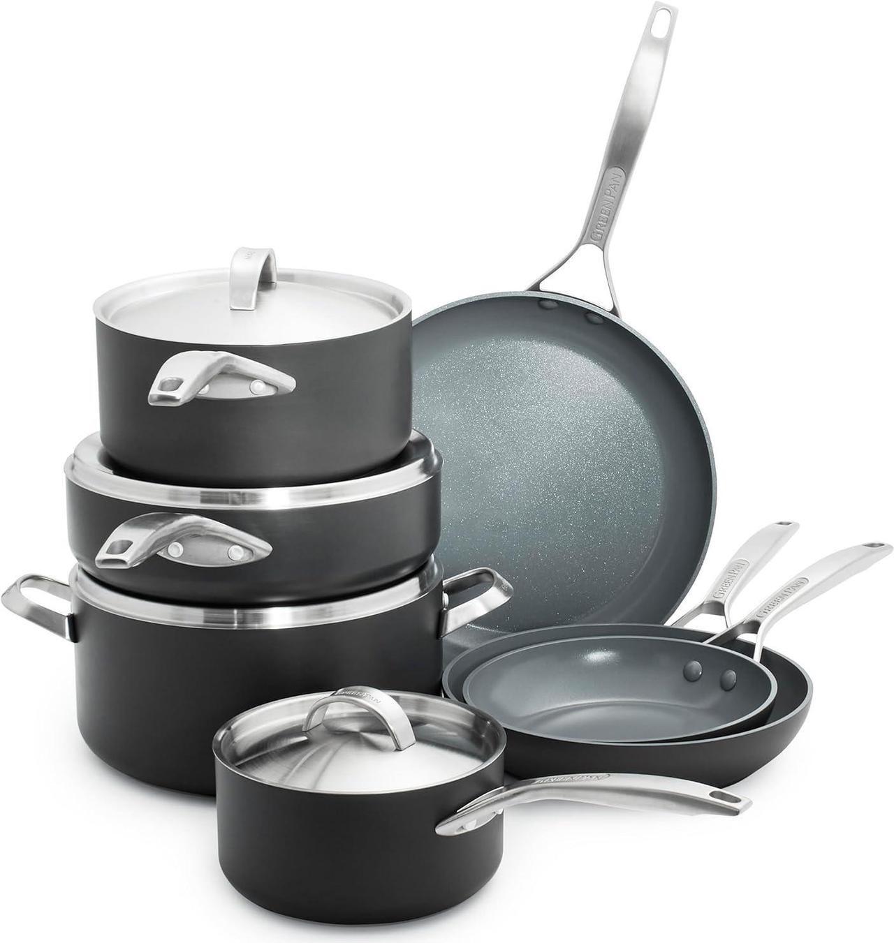 Main image of GreenPan Paris Pro Hard Anodized Healthy Ceramic Nonstick, 11 Piece Cookware Pots and Pans Set with Stainless Steel Lids, PFAS-Free, Dishwasher Safe, Grey