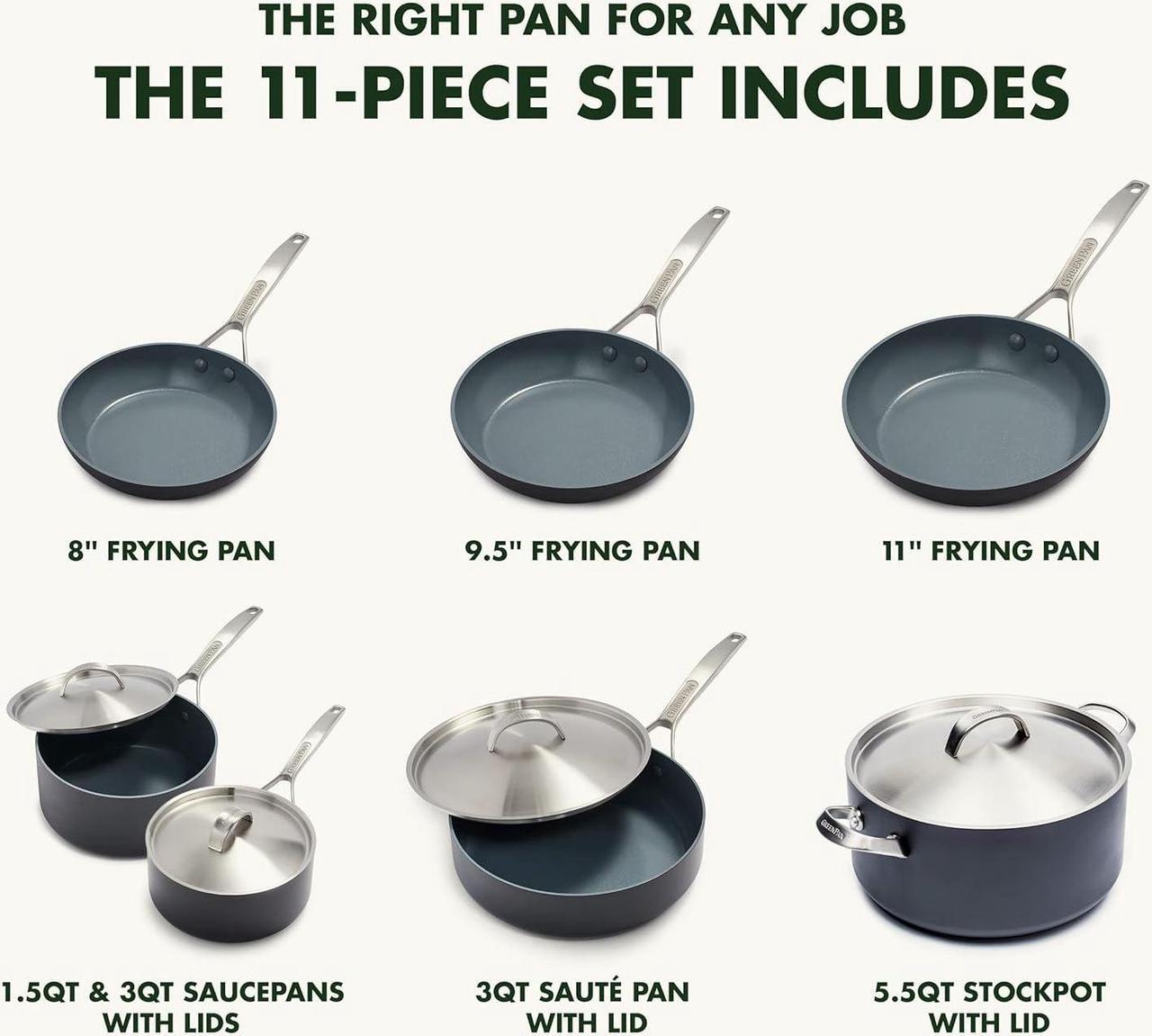 Alt view image 3 of 7 - GreenPan Paris Pro Hard Anodized Healthy Ceramic Nonstick, 11 Piece Cookware Pots and Pans Set with Stainless Steel Lids, PFAS-Free, Dishwasher Safe, Grey