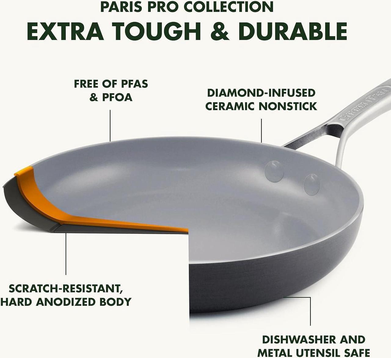 Alt view image 4 of 7 - GreenPan Paris Pro Hard Anodized Healthy Ceramic Nonstick, 11 Piece Cookware Pots and Pans Set with Stainless Steel Lids, PFAS-Free, Dishwasher Safe, Grey