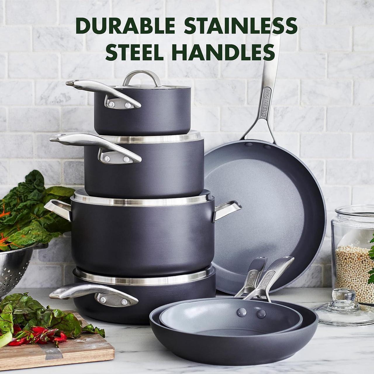 Alt view image 5 of 7 - GreenPan Paris Pro Hard Anodized Healthy Ceramic Nonstick, 11 Piece Cookware Pots and Pans Set with Stainless Steel Lids, PFAS-Free, Dishwasher Safe, Grey