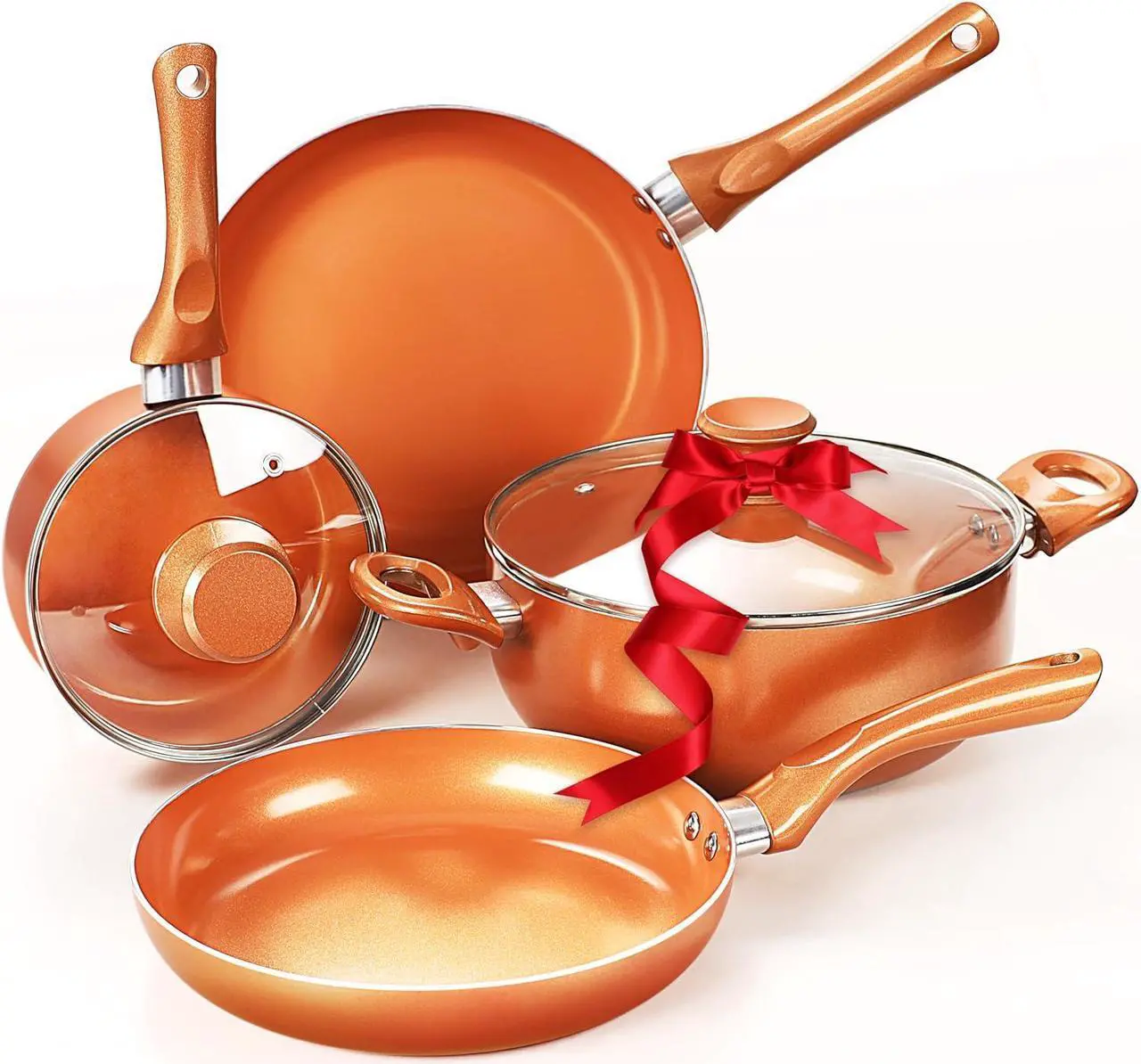 Main image of Clockitchen Nonstick Cookware Set - 6 Piece Pots and Pans in Copper Color, Induction Kitchen Cooking Set w/Frying Pans & Saucepans, Ceramic Coating