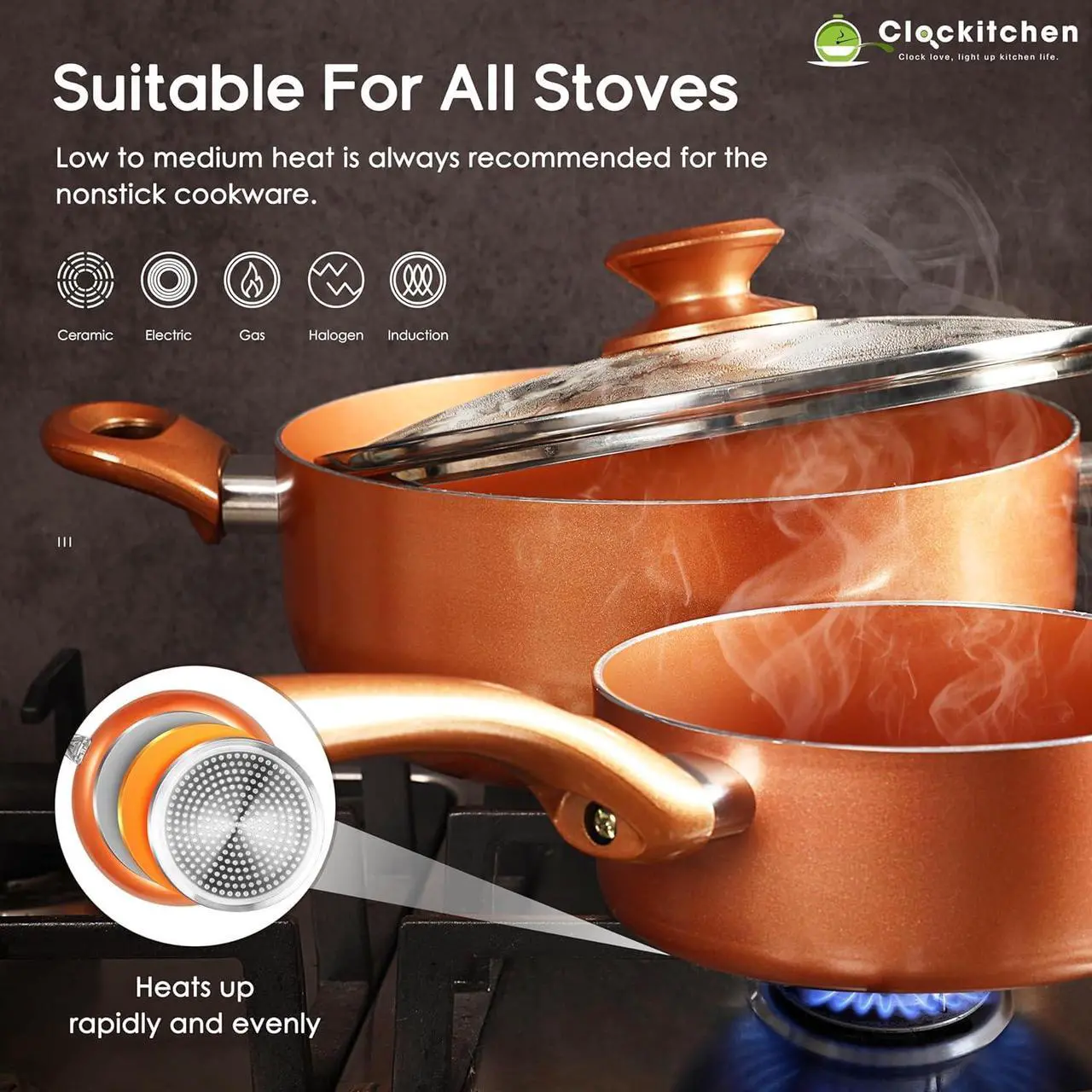 Alt view image 3 of 7 - Clockitchen Nonstick Cookware Set - 6 Piece Pots and Pans in Copper Color, Induction Kitchen Cooking Set w/Frying Pans & Saucepans, Ceramic Coating