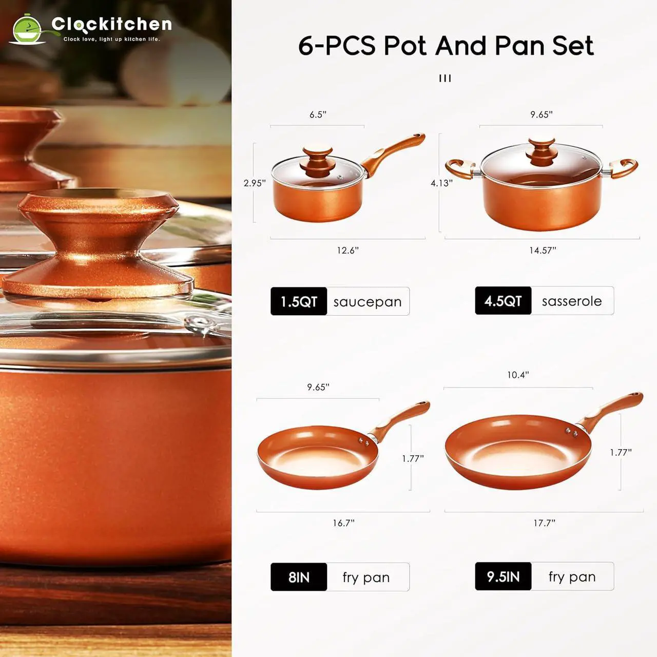 Alt view image 4 of 7 - Clockitchen Nonstick Cookware Set - 6 Piece Pots and Pans in Copper Color, Induction Kitchen Cooking Set w/Frying Pans & Saucepans, Ceramic Coating