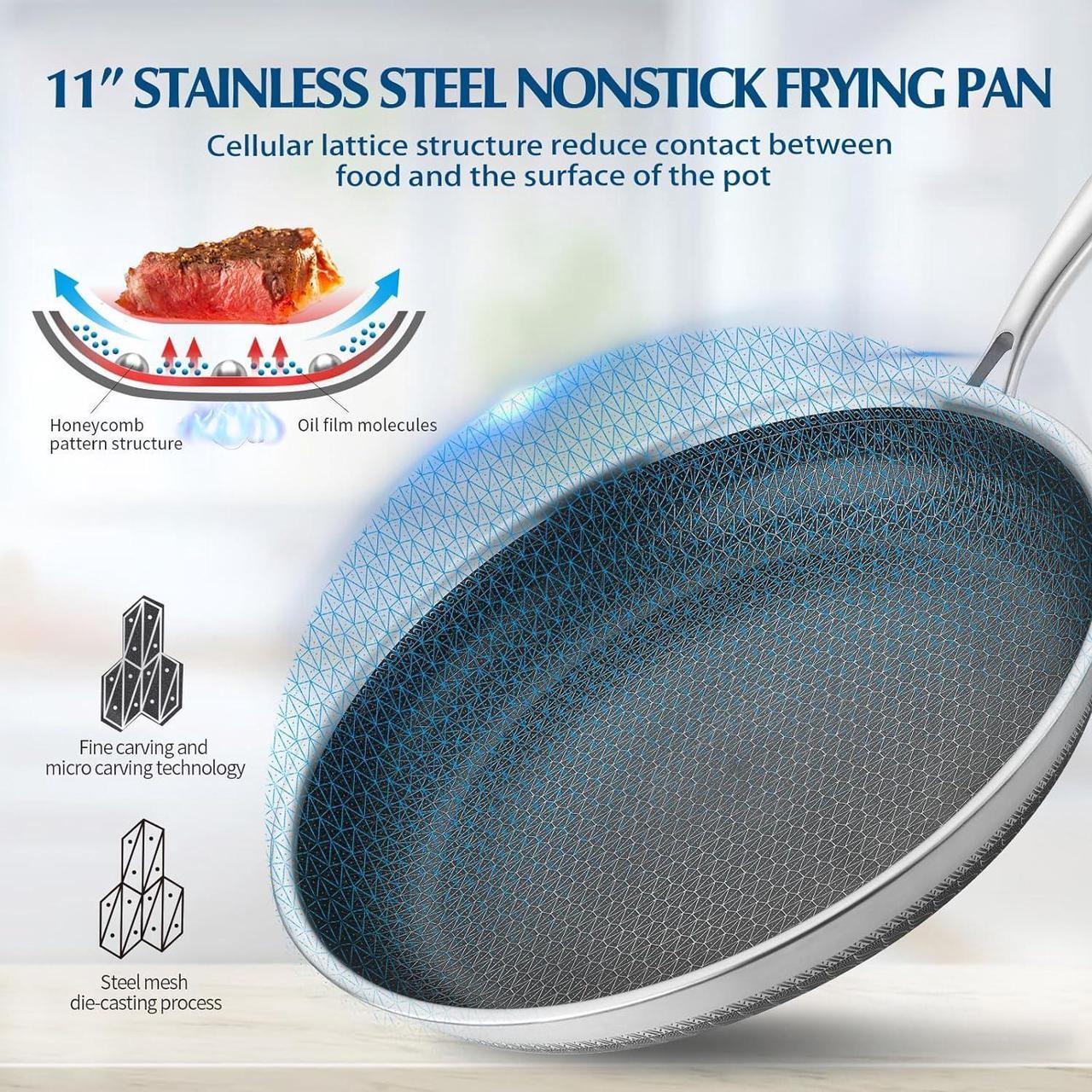 Alt view image 2 of 7 - Non Stick Frying Pans, Stainless Steel Nonstick Fry pan with Honeycomb for Kitchen Cooking - 11 Skillet with Lid for Cookware - Works with Induction Cooktop Ceramic and Gas.