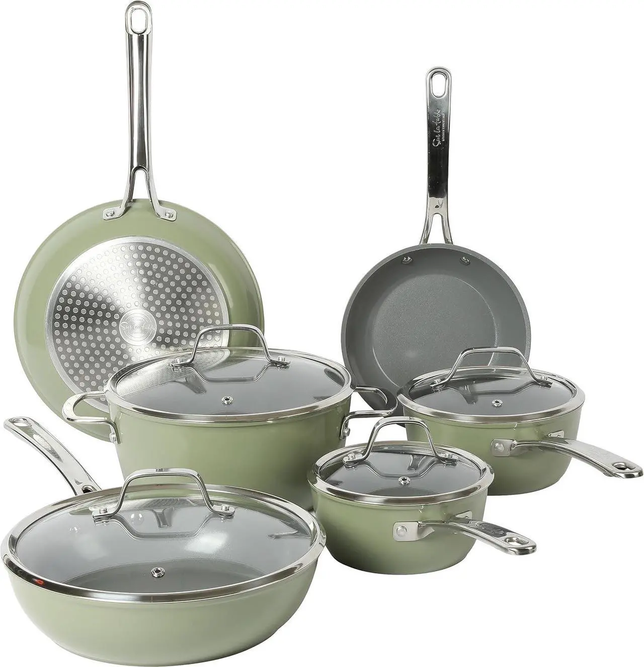 Main image of Sur La Table Kitchen Essentials 10 Piece PFA Free Non-Toxic Titanium Ceramic Nonstick Interior Forged Aluminum Cookware Pots and Pans Set - Green - Induction Compatible
