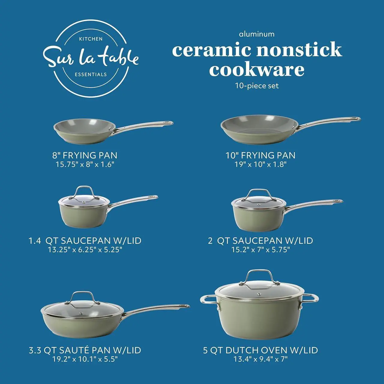 Alt view image 2 of 6 - Sur La Table Kitchen Essentials 10 Piece PFA Free Non-Toxic Titanium Ceramic Nonstick Interior Forged Aluminum Cookware Pots and Pans Set - Green - Induction Compatible