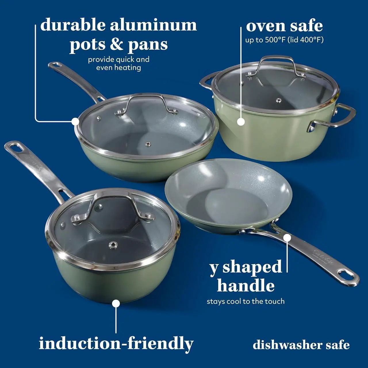 Alt view image 3 of 6 - Sur La Table Kitchen Essentials 10 Piece PFA Free Non-Toxic Titanium Ceramic Nonstick Interior Forged Aluminum Cookware Pots and Pans Set - Green - Induction Compatible
