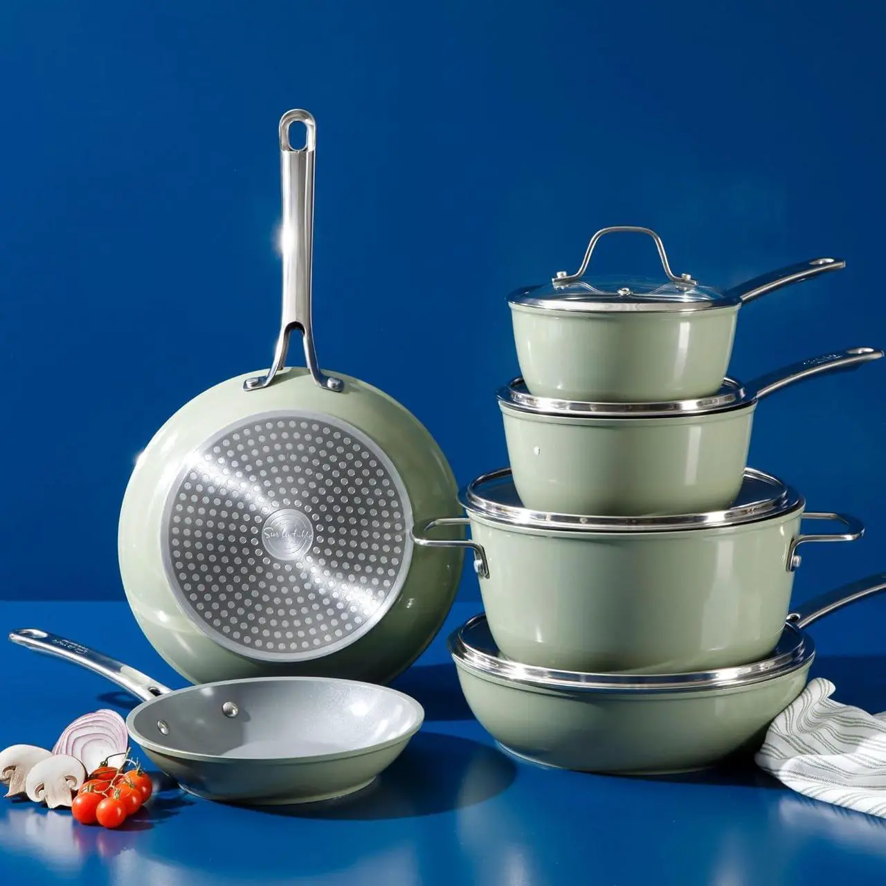 Alt view image 6 of 6 - Sur La Table Kitchen Essentials 10 Piece PFA Free Non-Toxic Titanium Ceramic Nonstick Interior Forged Aluminum Cookware Pots and Pans Set - Green - Induction Compatible