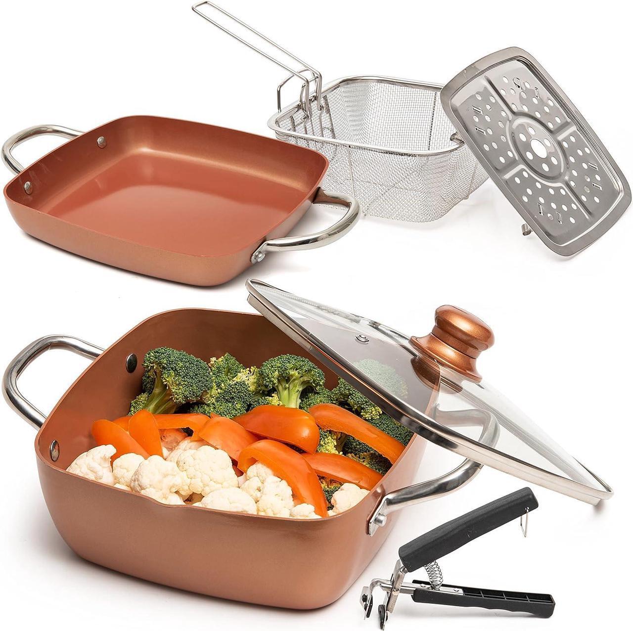Main image of Moss & Stone Copper 6 Piece Set Chef Cookware, Non Stick Pan, Deep Square Pan, Fry Basket, Steamer Tray, Dishwasher & Oven Safe, 5 Quart Copper Pot Set, 9.5" Copper Induction Cookware Set