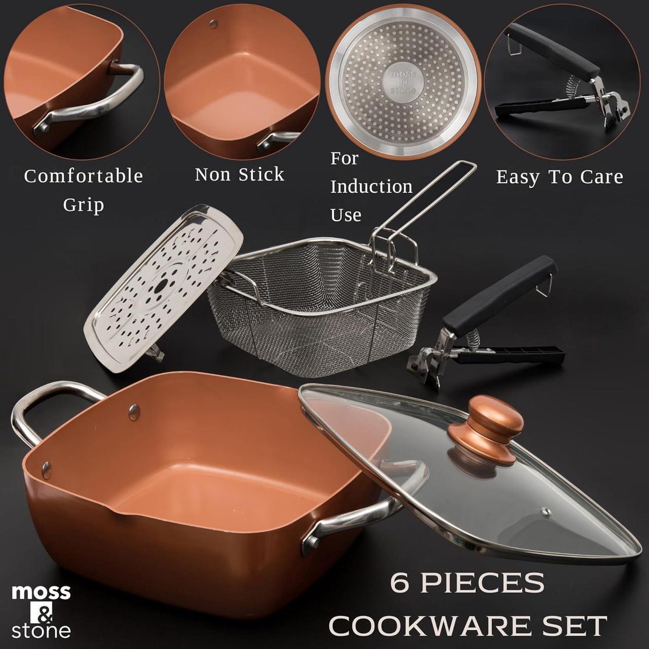 Alt view image 2 of 7 - Moss & Stone Copper 6 Piece Set Chef Cookware, Non Stick Pan, Deep Square Pan, Fry Basket, Steamer Tray, Dishwasher & Oven Safe, 5 Quart Copper Pot Set, 9.5" Copper Induction Cookware Set