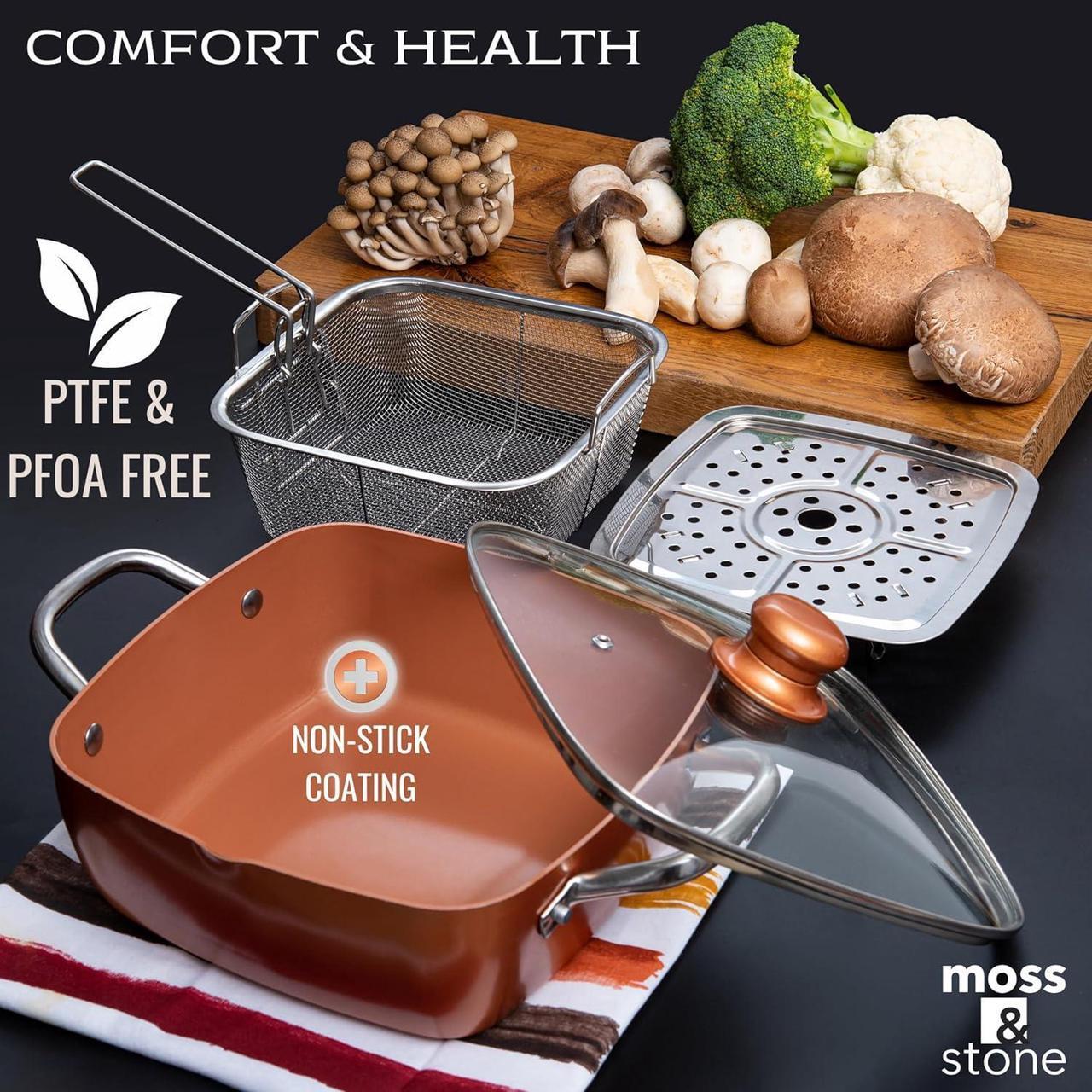 Alt view image 3 of 7 - Moss & Stone Copper 6 Piece Set Chef Cookware, Non Stick Pan, Deep Square Pan, Fry Basket, Steamer Tray, Dishwasher & Oven Safe, 5 Quart Copper Pot Set, 9.5" Copper Induction Cookware Set