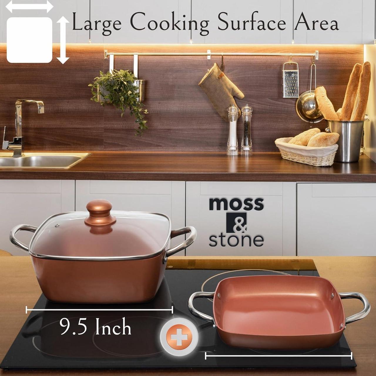 Alt view image 6 of 7 - Moss & Stone Copper 6 Piece Set Chef Cookware, Non Stick Pan, Deep Square Pan, Fry Basket, Steamer Tray, Dishwasher & Oven Safe, 5 Quart Copper Pot Set, 9.5" Copper Induction Cookware Set