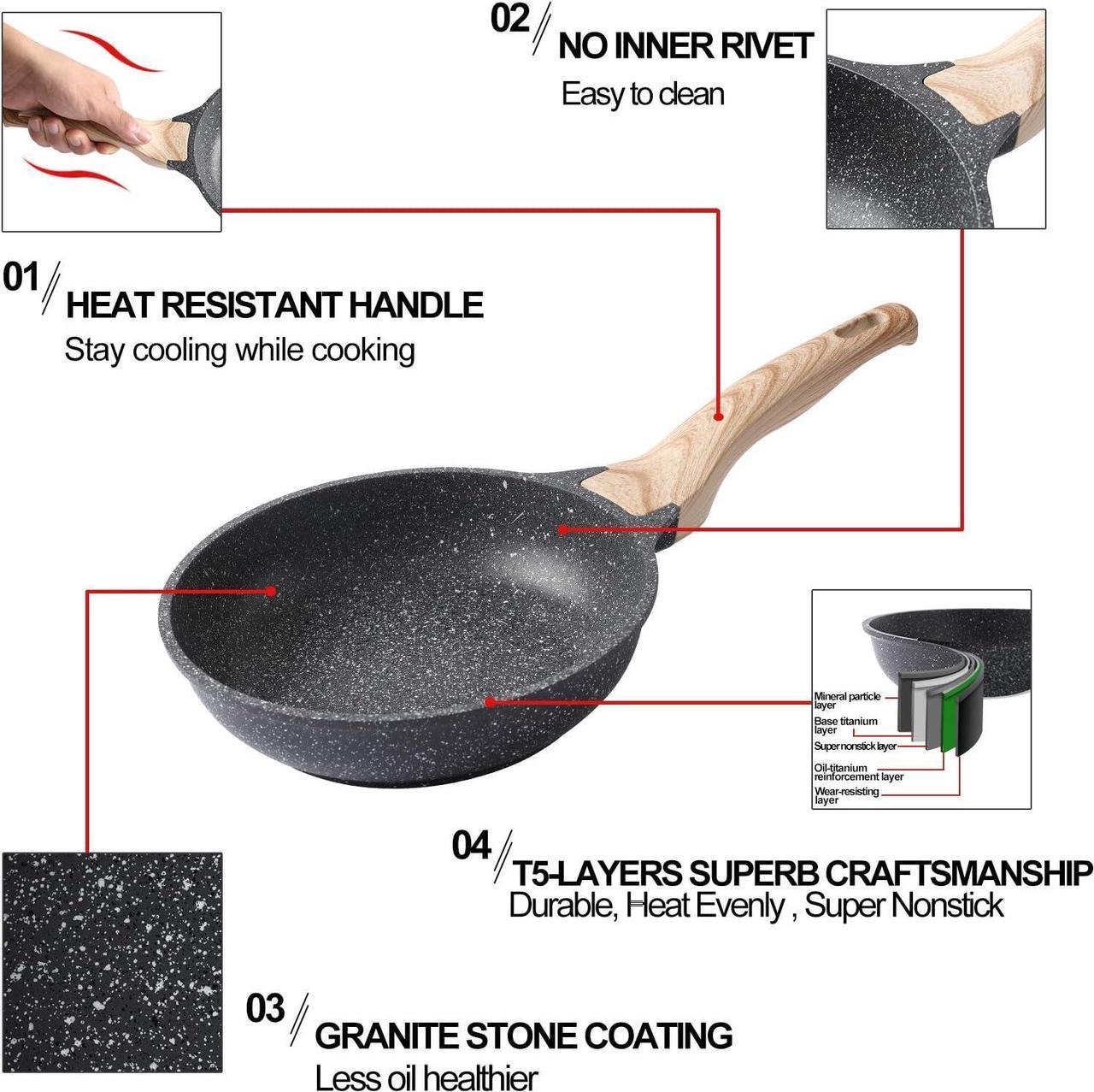Alt view image 4 of 6 - 8 Inch Nonstick Skillet Frying Pan Egg Pan Omelet Pan, Nonstick Cookware Granite Coating, 100% PFOA free Cookware Pan, Healthy Nonstick Stone Frying Chef's Pan Skillet