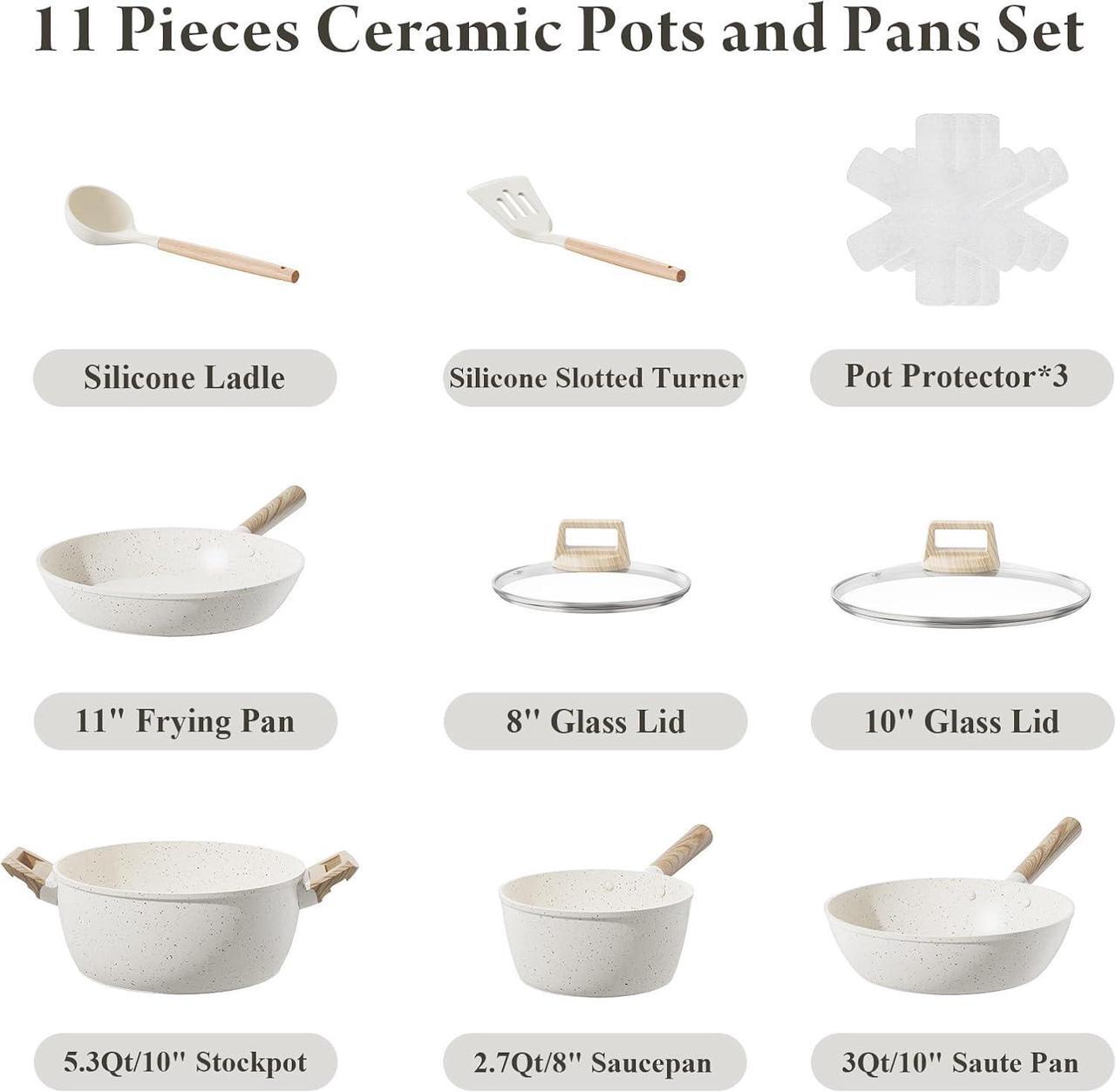 Alt view image 2 of 7 - 11 Pcs Pots and Pans Set Non Stick,Ceramic Cookware Set with Large Capacity,Healthy & Non Toxic Induction Cookware, Nonstick Kitchen Cooking Set with Utensils,PTFE/PFAS/PFOA Free,Cream White