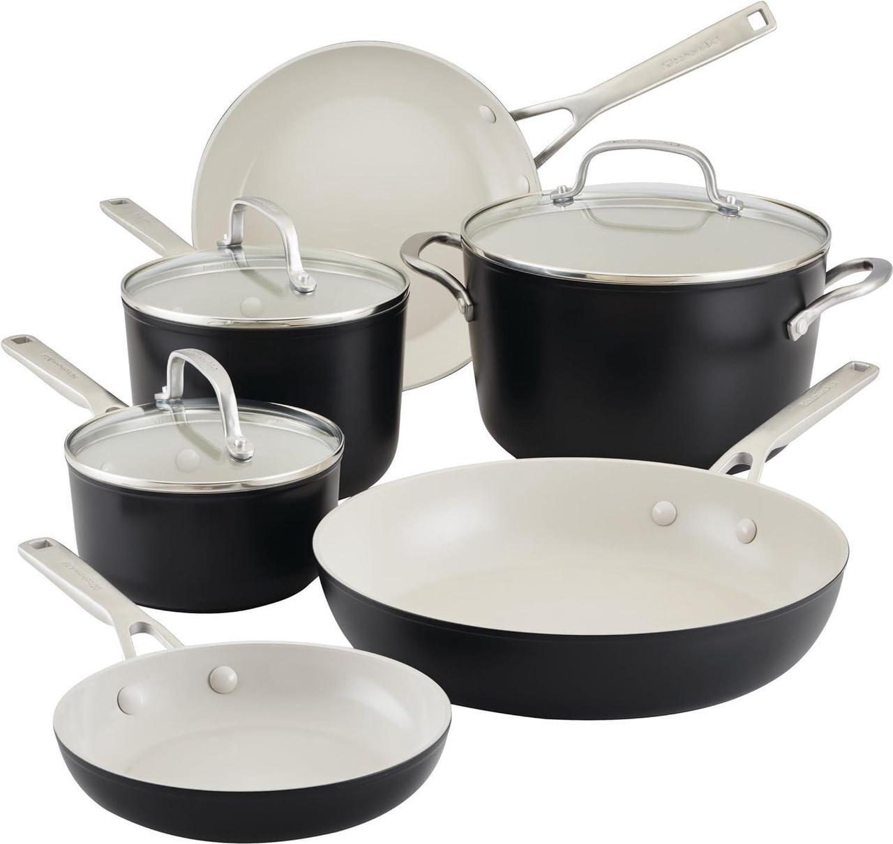 Main image of KitchenAid Hard Anodized Ceramic 9-Piece Nonstick Cookware Set  Includes Fry Pans, Saucepan, Stockpot, Durable, Even Heating, Oven Safe to 500°F, Matte Black