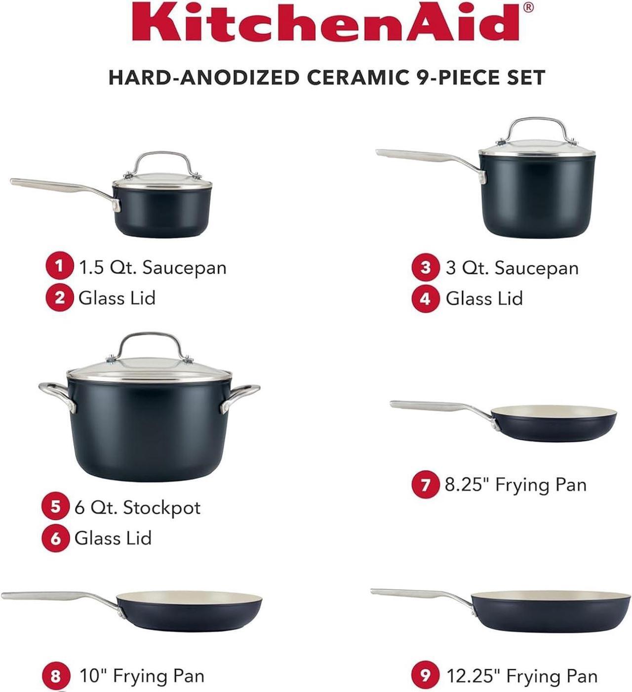 Alt view image 2 of 7 - KitchenAid Hard Anodized Ceramic 9-Piece Nonstick Cookware Set  Includes Fry Pans, Saucepan, Stockpot, Durable, Even Heating, Oven Safe to 500°F, Matte Black