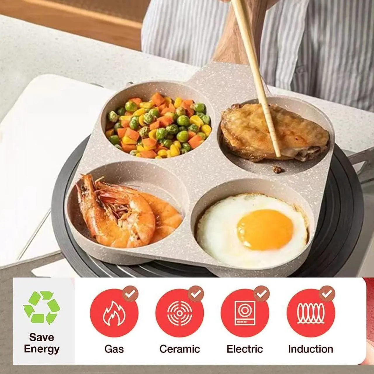Alt view image 3 of 7 - Four-Cup Fried Egg Pan, Medical Stone Non-Stick Frying Pan for Breakfast,Divided Egg Omelet Pans Suitable for Gas Stove and Induction Cooker (3-inch eggs)