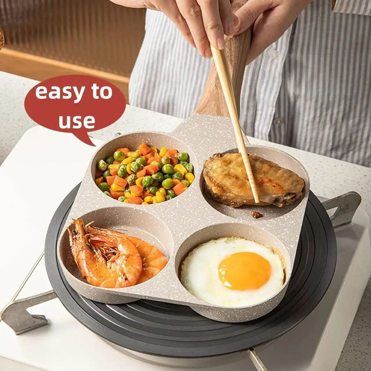 Alt view image 4 of 7 - Four-Cup Fried Egg Pan, Medical Stone Non-Stick Frying Pan for Breakfast,Divided Egg Omelet Pans Suitable for Gas Stove and Induction Cooker (3-inch eggs)