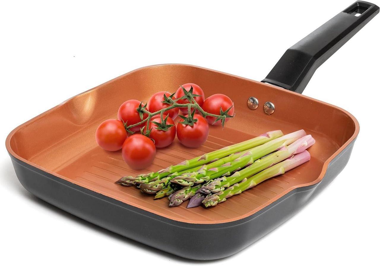 Main image of Moss & Stone Square Grill Pan For Indoor Cooking, 9.5In Frying Pan Copper Non-Stick Saute Fry Pan, Induction Copper Pan for Meats & Vegetables, Aluminum Griddle Nonstick Stove Top Grill Pan