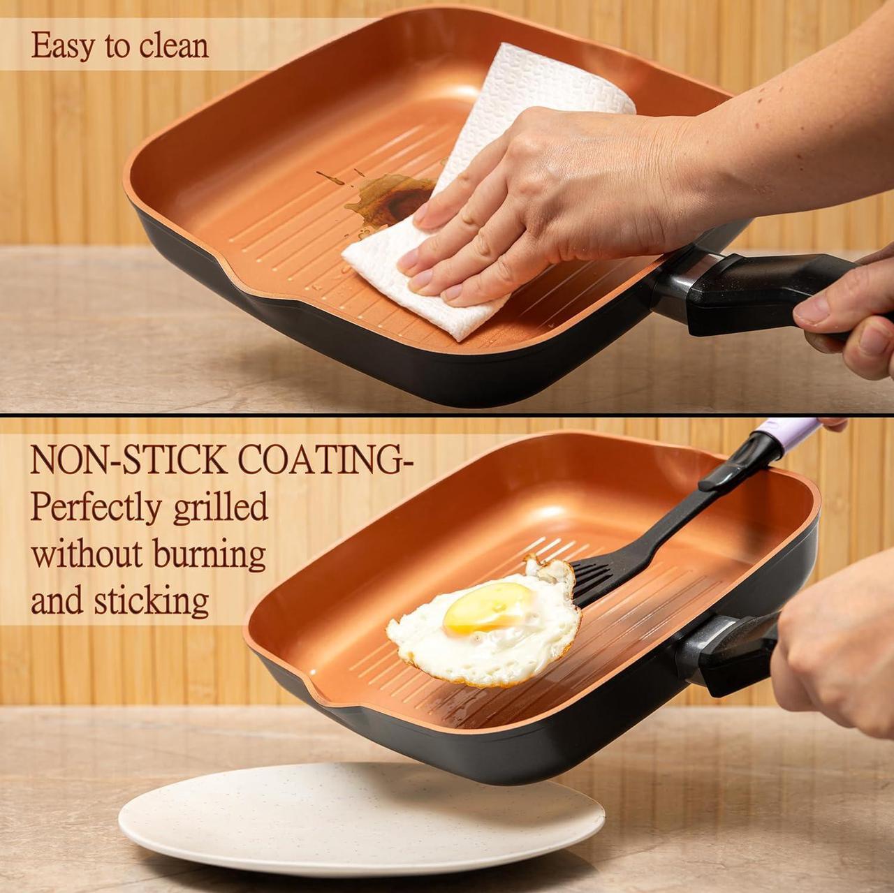 Alt view image 3 of 7 - Moss & Stone Square Grill Pan For Indoor Cooking, 9.5In Frying Pan Copper Non-Stick Saute Fry Pan, Induction Copper Pan for Meats & Vegetables, Aluminum Griddle Nonstick Stove Top Grill Pan