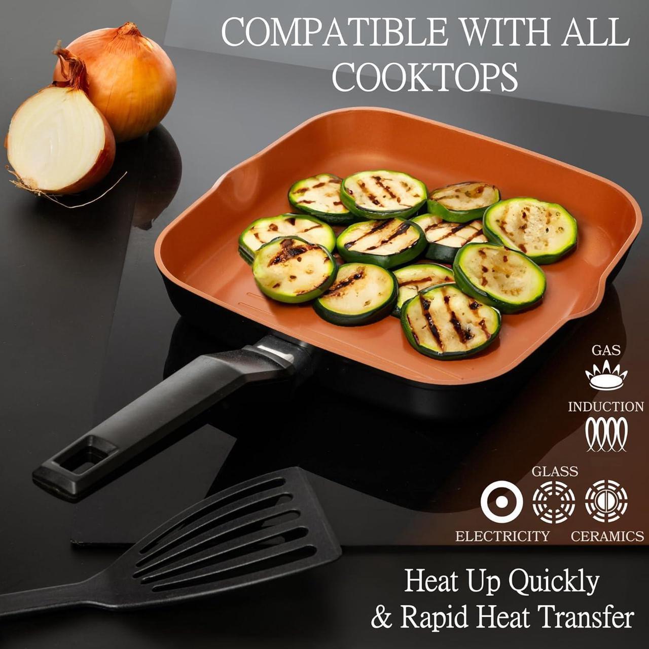 Alt view image 4 of 7 - Moss & Stone Square Grill Pan For Indoor Cooking, 9.5In Frying Pan Copper Non-Stick Saute Fry Pan, Induction Copper Pan for Meats & Vegetables, Aluminum Griddle Nonstick Stove Top Grill Pan