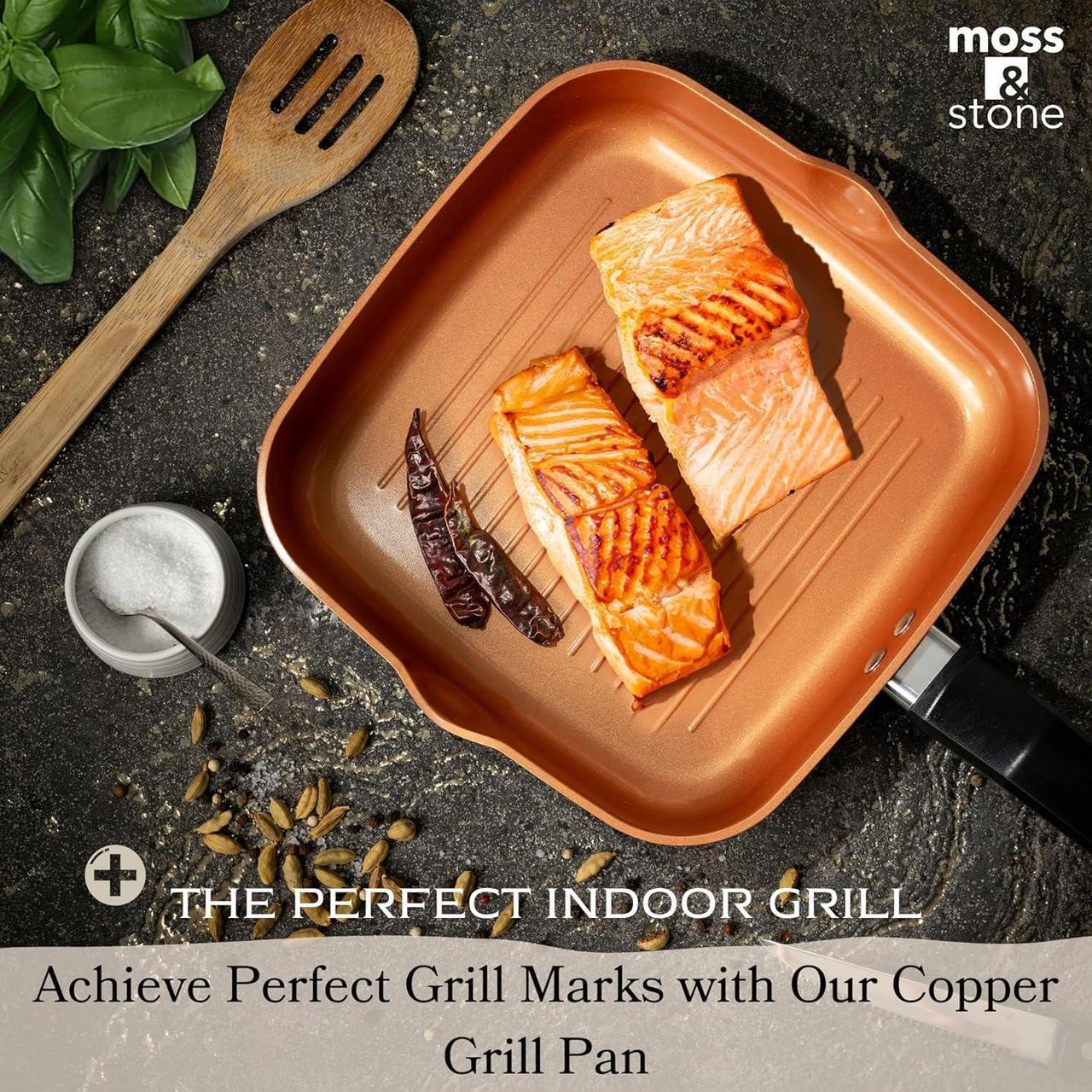 Alt view image 5 of 7 - Moss & Stone Square Grill Pan For Indoor Cooking, 9.5In Frying Pan Copper Non-Stick Saute Fry Pan, Induction Copper Pan for Meats & Vegetables, Aluminum Griddle Nonstick Stove Top Grill Pan