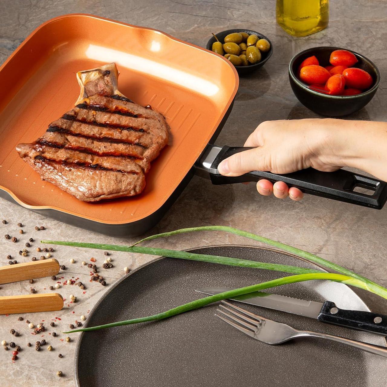 Alt view image 6 of 7 - Moss & Stone Square Grill Pan For Indoor Cooking, 9.5In Frying Pan Copper Non-Stick Saute Fry Pan, Induction Copper Pan for Meats & Vegetables, Aluminum Griddle Nonstick Stove Top Grill Pan