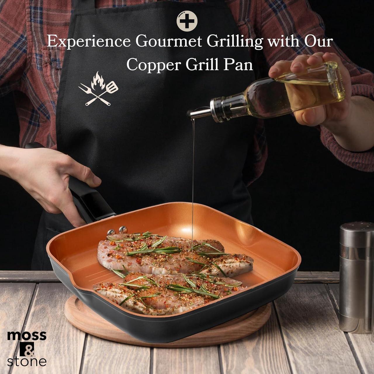 Alt view image 7 of 7 - Moss & Stone Square Grill Pan For Indoor Cooking, 9.5In Frying Pan Copper Non-Stick Saute Fry Pan, Induction Copper Pan for Meats & Vegetables, Aluminum Griddle Nonstick Stove Top Grill Pan