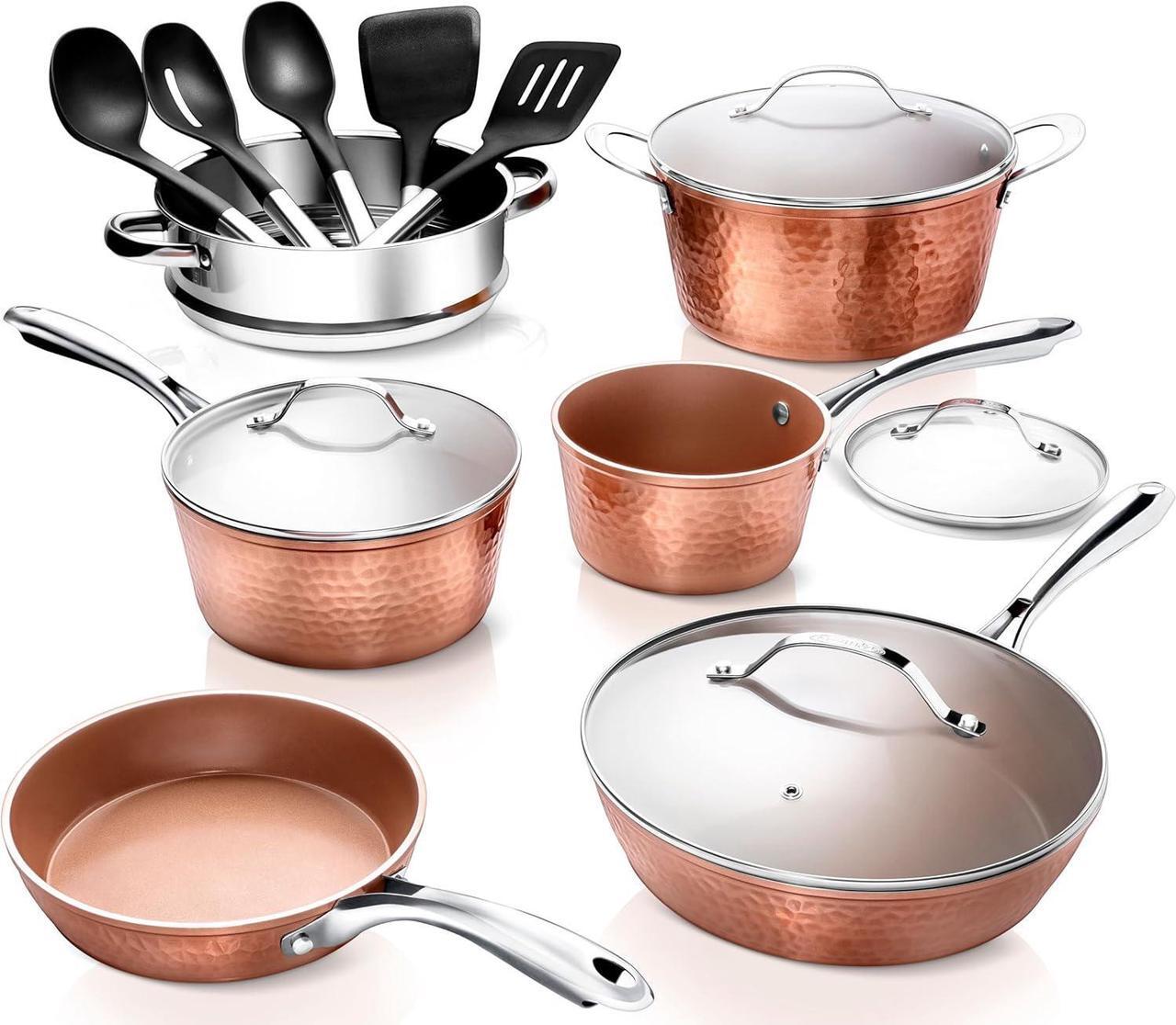 Main image of GOTHAM STEEL Hammered 15 Pc Ceramic Cookware Set Nonstick, Copper Pots and Pans Set Non Stick for Kitchen with Utensils, Deep Pots and Pans for Cooking, Non Toxic Cookware Sets, Oven & Dishwasher Safe