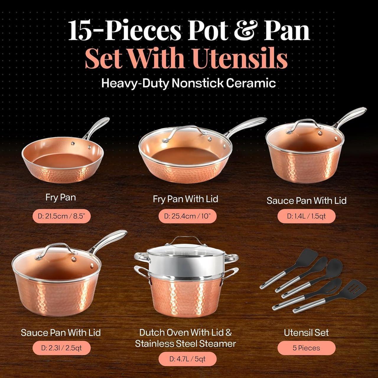 Alt view image 2 of 7 - GOTHAM STEEL Hammered 15 Pc Ceramic Cookware Set Nonstick, Copper Pots and Pans Set Non Stick for Kitchen with Utensils, Deep Pots and Pans for Cooking, Non Toxic Cookware Sets, Oven & Dishwasher Safe