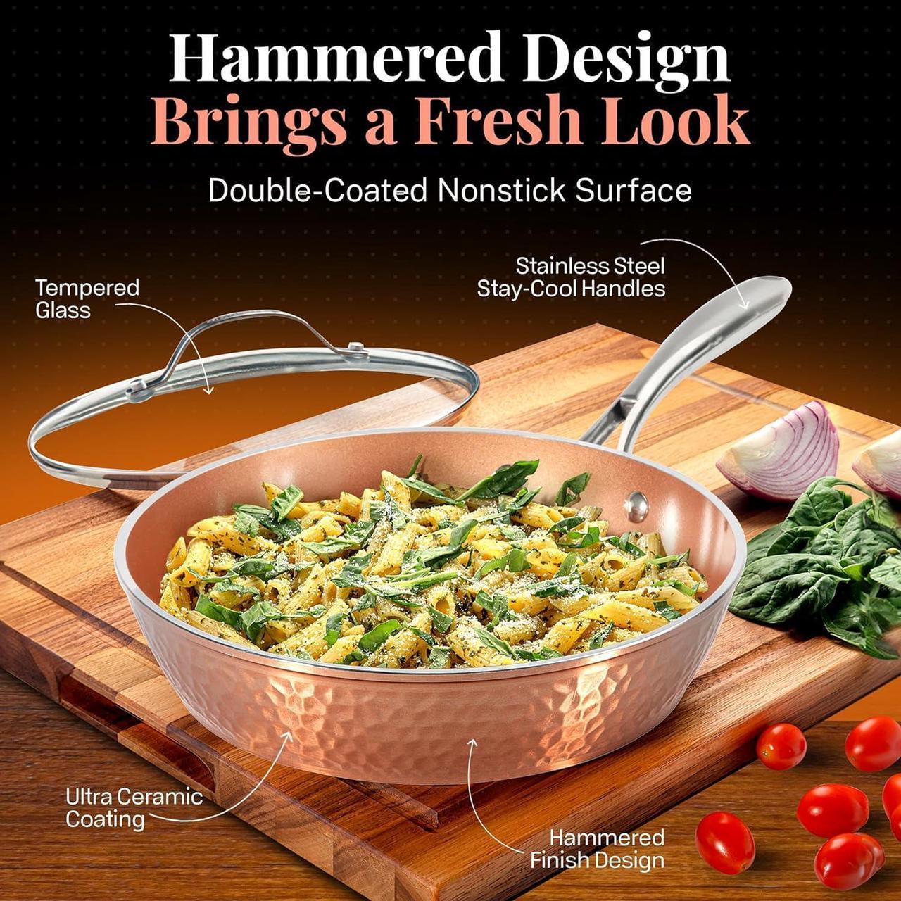 Alt view image 3 of 7 - GOTHAM STEEL Hammered 15 Pc Ceramic Cookware Set Nonstick, Copper Pots and Pans Set Non Stick for Kitchen with Utensils, Deep Pots and Pans for Cooking, Non Toxic Cookware Sets, Oven & Dishwasher Safe