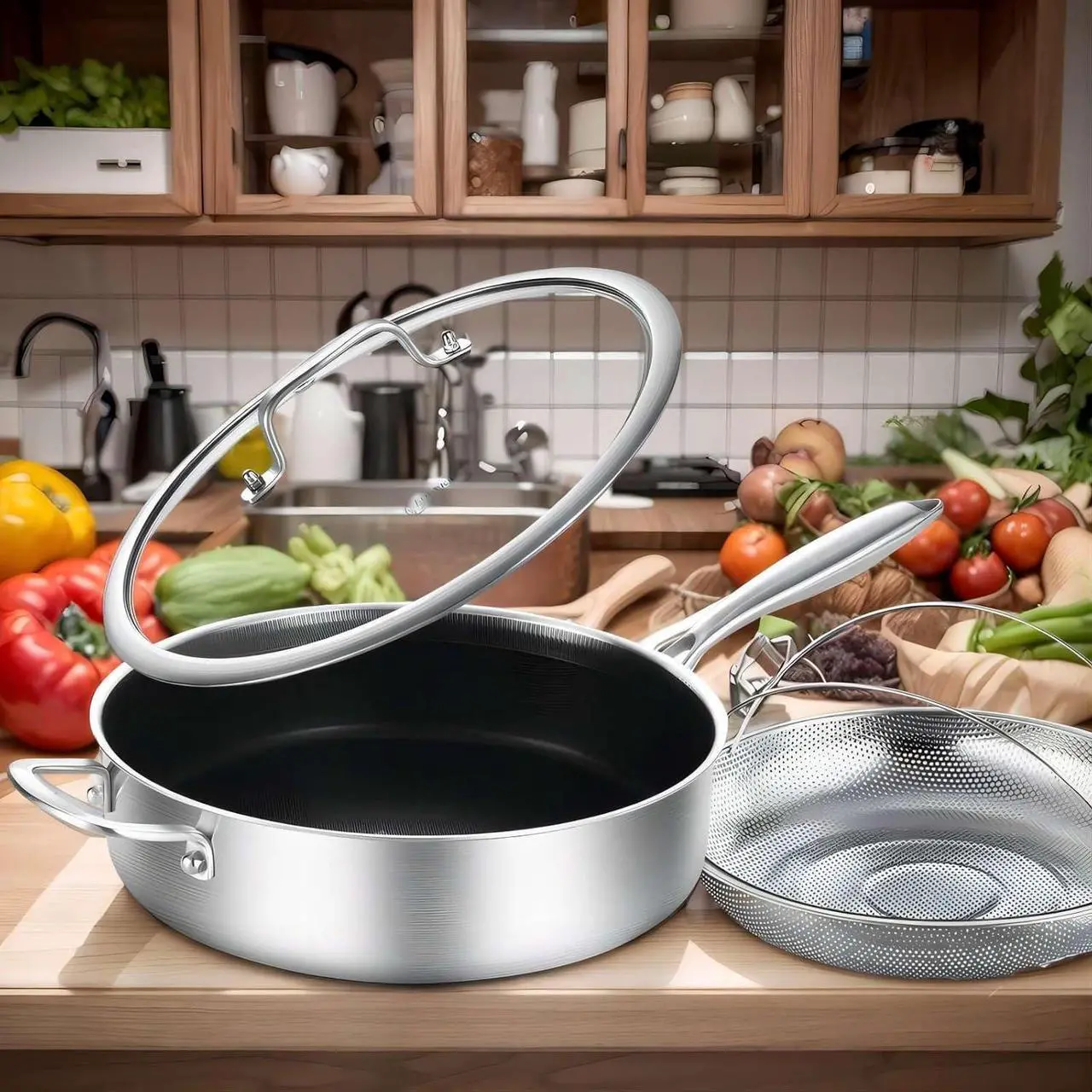 Alt view image 5 of 5 - LOLYKITCH 6 QT Hybrid Tri-Ply Stainless Steel Non-Stick Sauté Pan with Lid,12 Inch Deep Frying Pan,Large Skillet,Jumbo Cooker,Induction Pan, Oven Safe and Detachable Handle.