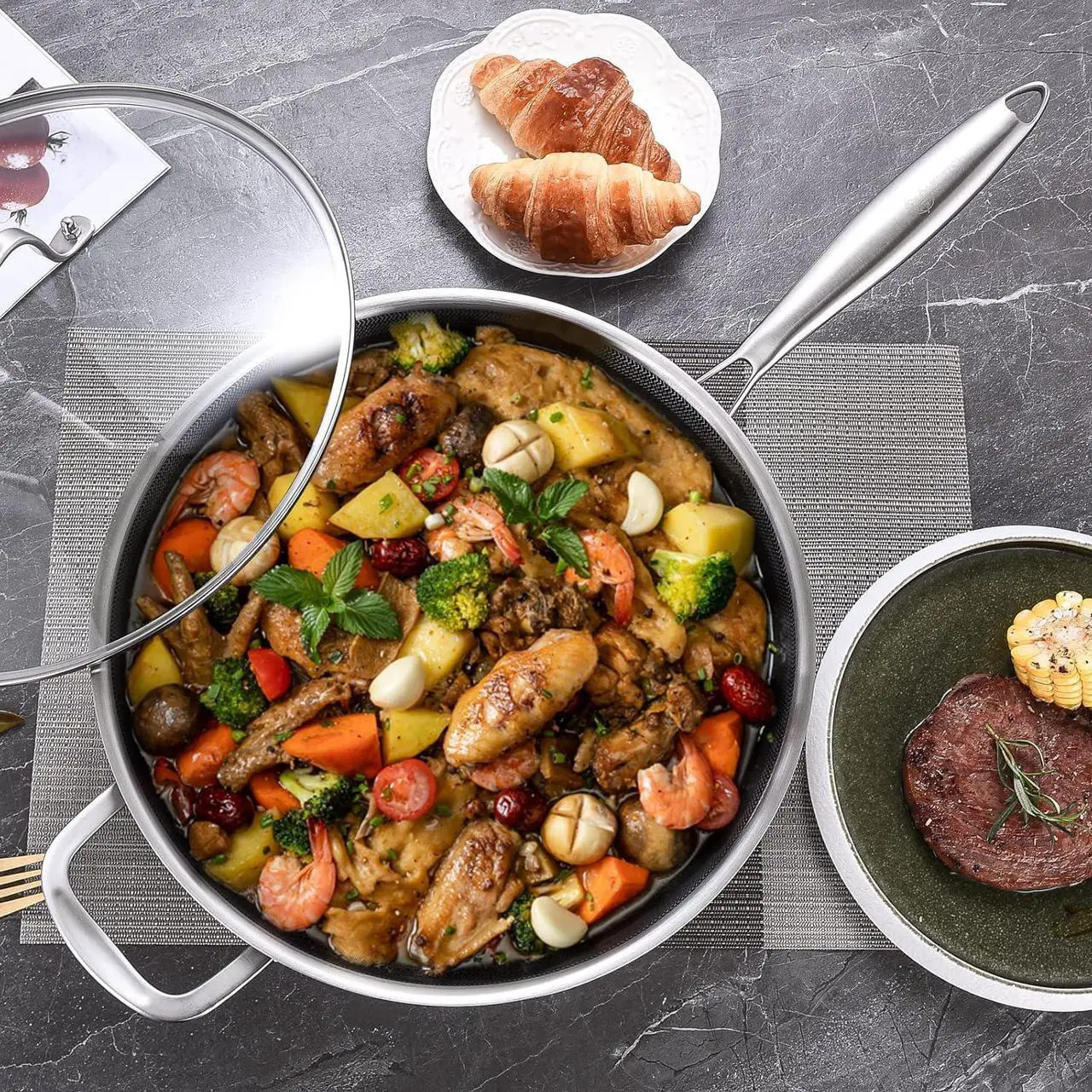 Alt view image 4 of 5 - LOLYKITCH 6 QT Hybrid Tri-Ply Stainless Steel Non-Stick Sauté Pan with Lid,12 Inch Deep Frying Pan,Large Skillet,Jumbo Cooker,Induction Pan, Oven Safe and Detachable Handle.