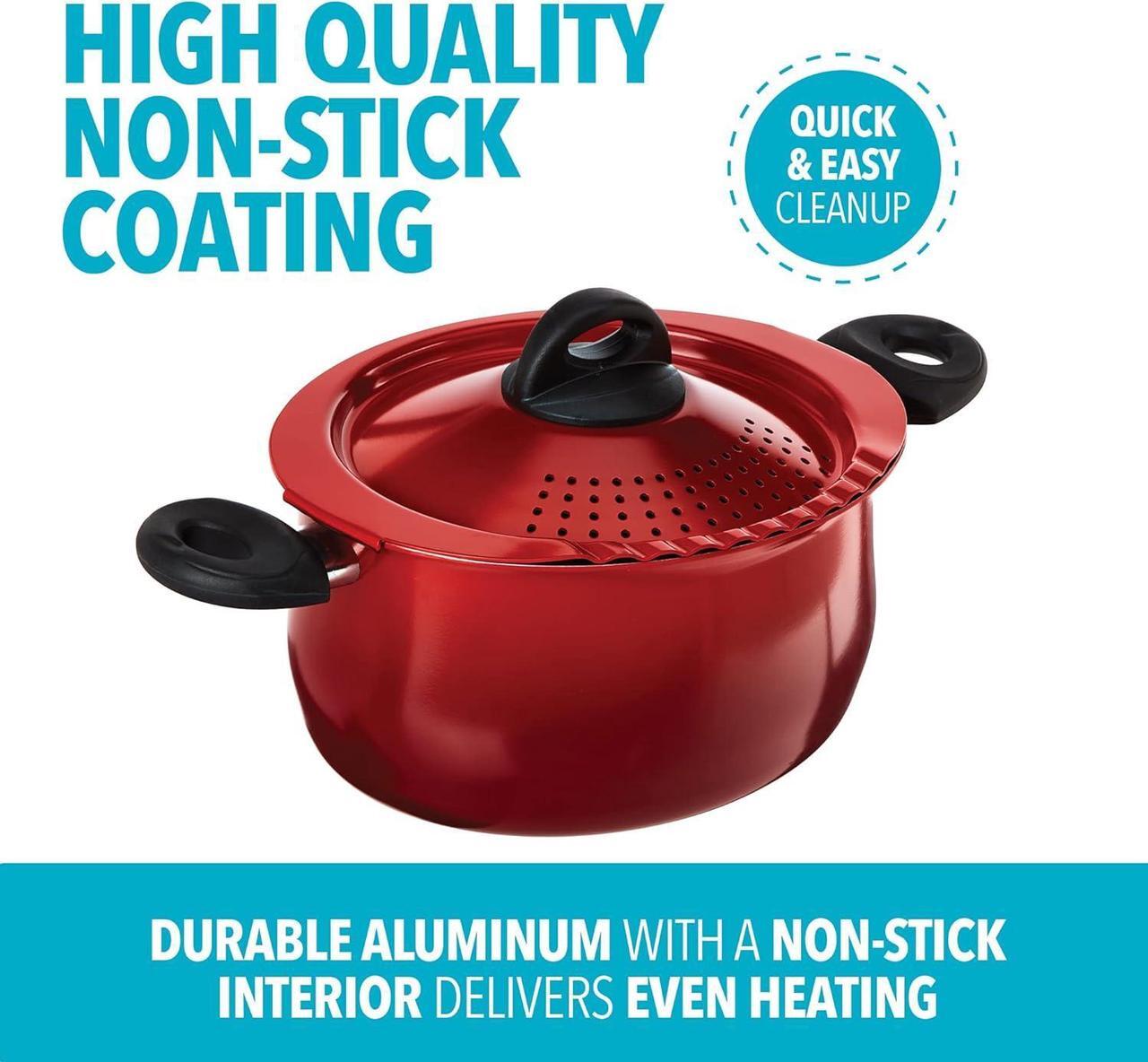 Alt view image 4 of 6 - Bialetti 5.5 Quart Pasta Pot with Strainer Lid, Red  Elongated Oval Pot for Longer Spaghetti, Lasagna, Penne & Farfalle Noodles, Heat Resistant Handles & Nonstick Interior, Large Pot for Cooking