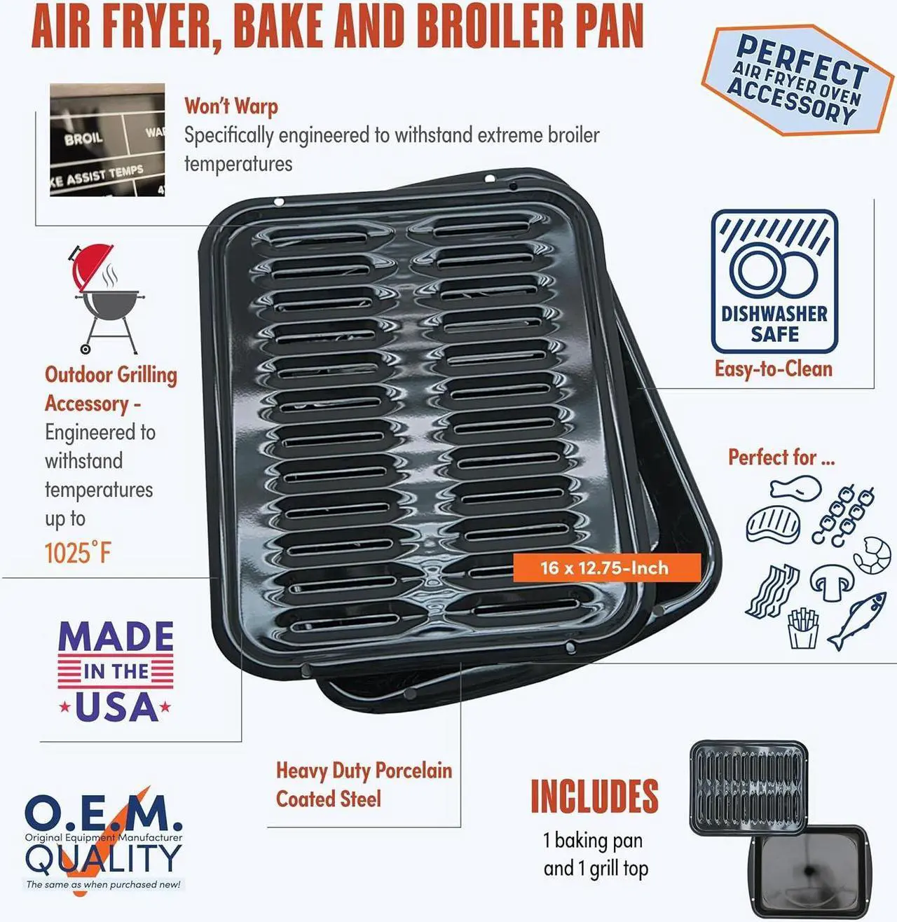 Alt view image 2 of 7 - Range Kleen BP102X 2 Piece Heavy Duty Porcelain Air Fry, Bake and Broil Pan