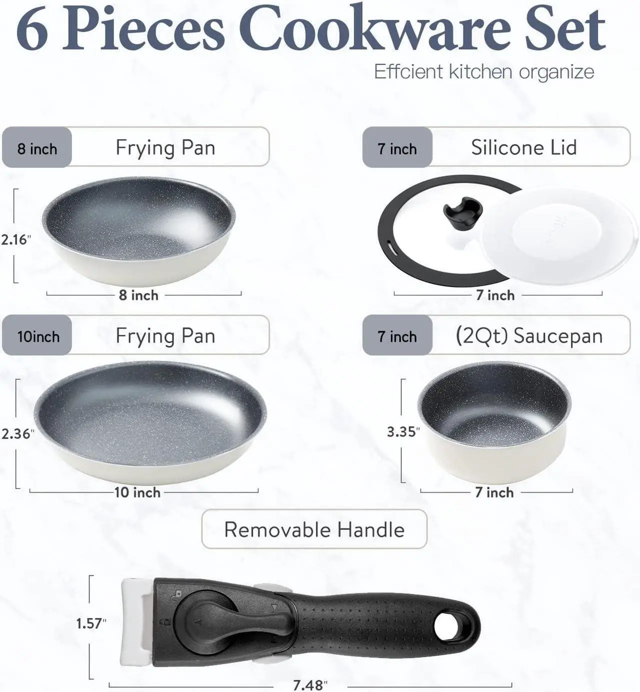 Alt view image 2 of 7 - 6pcs Pots and Pans Set, Nonstick Cookware Set Detachable Handle, Induction Kitchen Cookware Sets Non Stick with Removable Handle, RV Cookware Set, Oven Safe, White