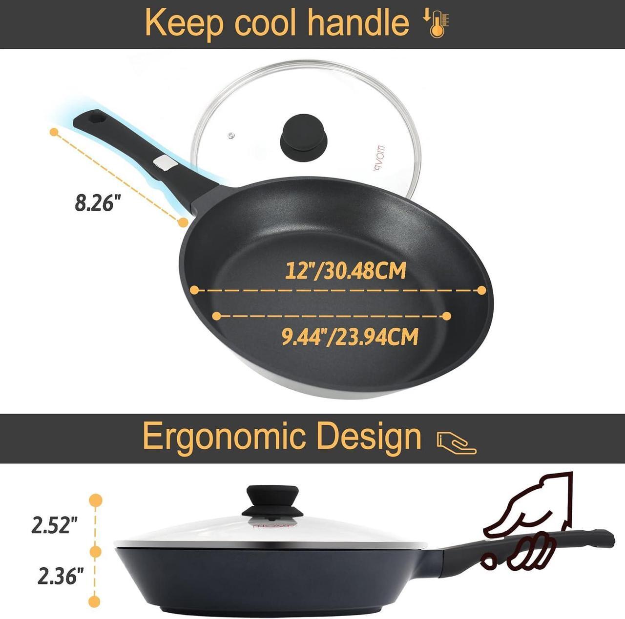 Alt view image 4 of 7 - Frying Pan Nonstick Skillet Cookware: Skillet 12-inch Nonstick with Lid Stainless - Non Stick Cooking Frying Pan Induction Compatible - Handle Cool PFOA-Free for Home Camping Kitchen Party Outdoor